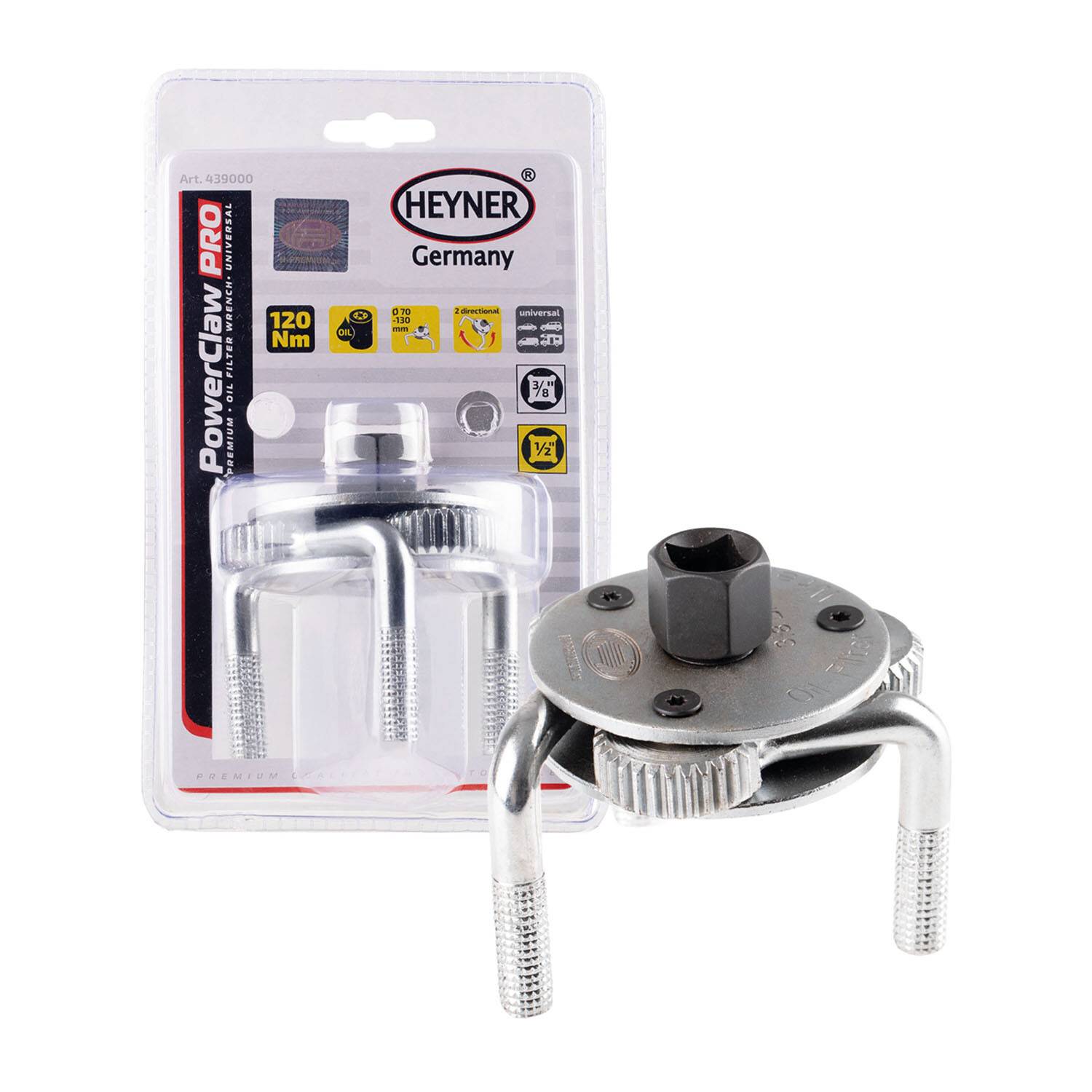 HEYNER® Ölfilterschlüssel 3-armig 70 - 130 mm 1/2" und 3/8" Aufnahme 120 Nm max Drehmoment Universal Ölfilterspinne C45