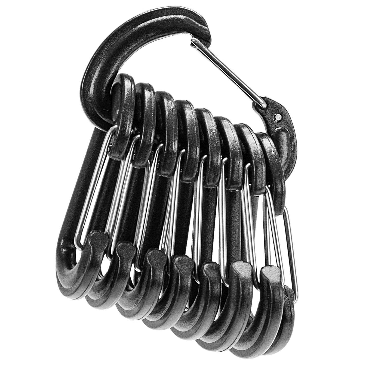 Eine Reihe von neun schwarzen Karabinern, die zusammen eingehängt sind, wobei einer am ovalen Ring befestigt ist. Sie sind metallisch und einheitlich in Größe und Form.