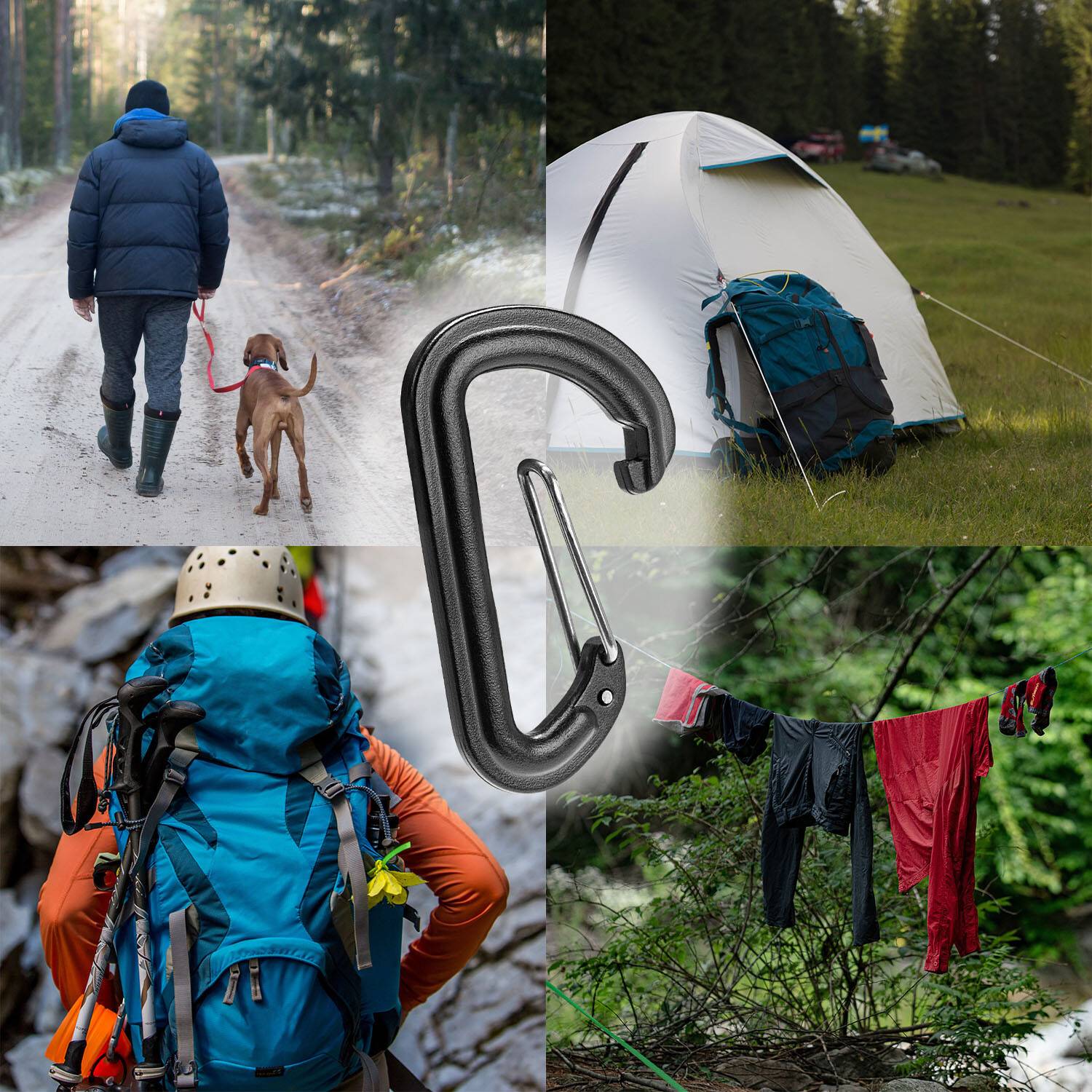 Eine Collage von Outdoor-Aktivitäten: Eine Person, die einen Hund auf einem Wanderweg spaziert, ein Zelt auf einem Campingplatz, ein Kletterer mit Kletterausrüstung, Wäsche, die draußen trocknet, und ein Karabiner.