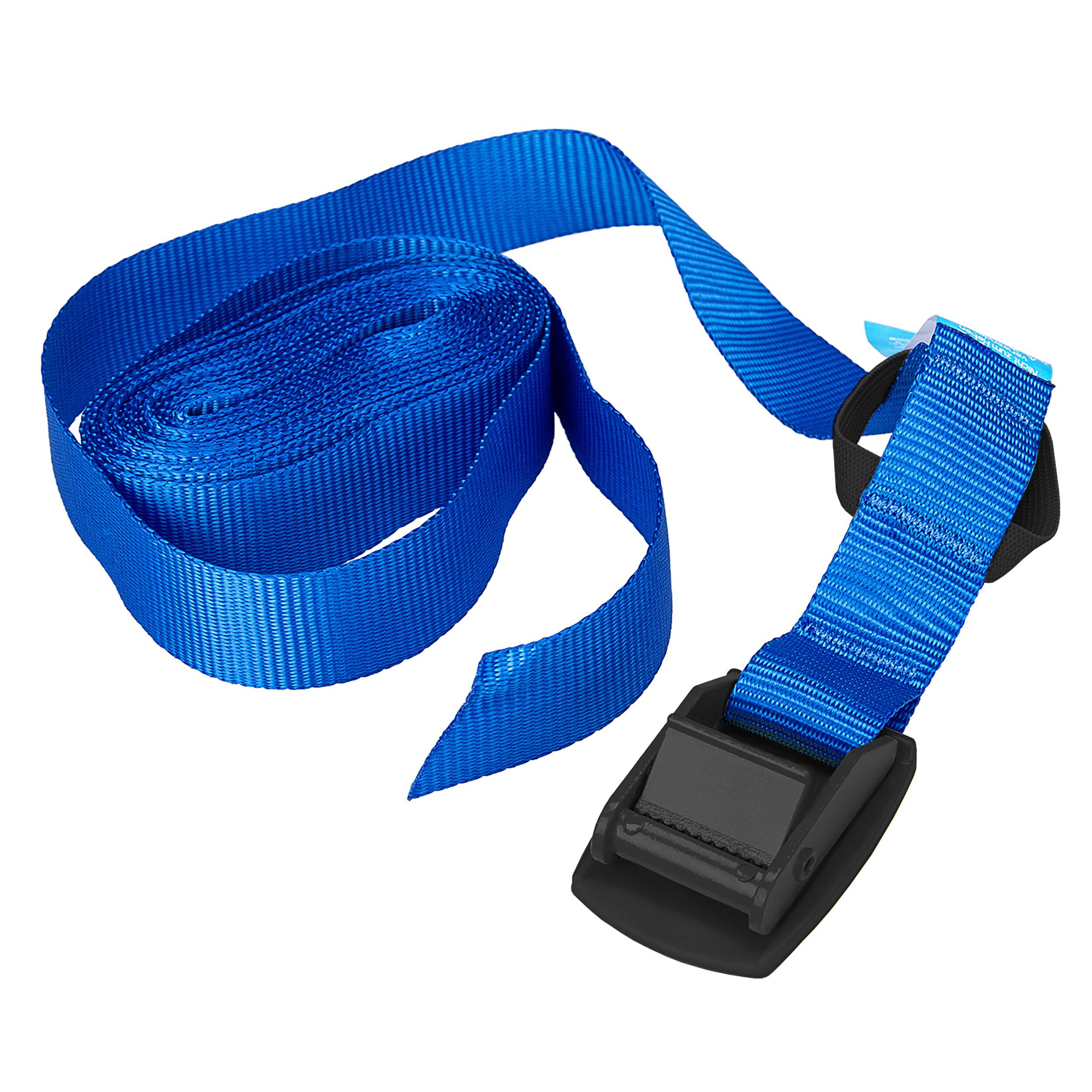 Blauer verstellbarer Spanngurt mit schwarzer Schnalle, verwendet zum Sichern von Fracht oder Ausrüstung.