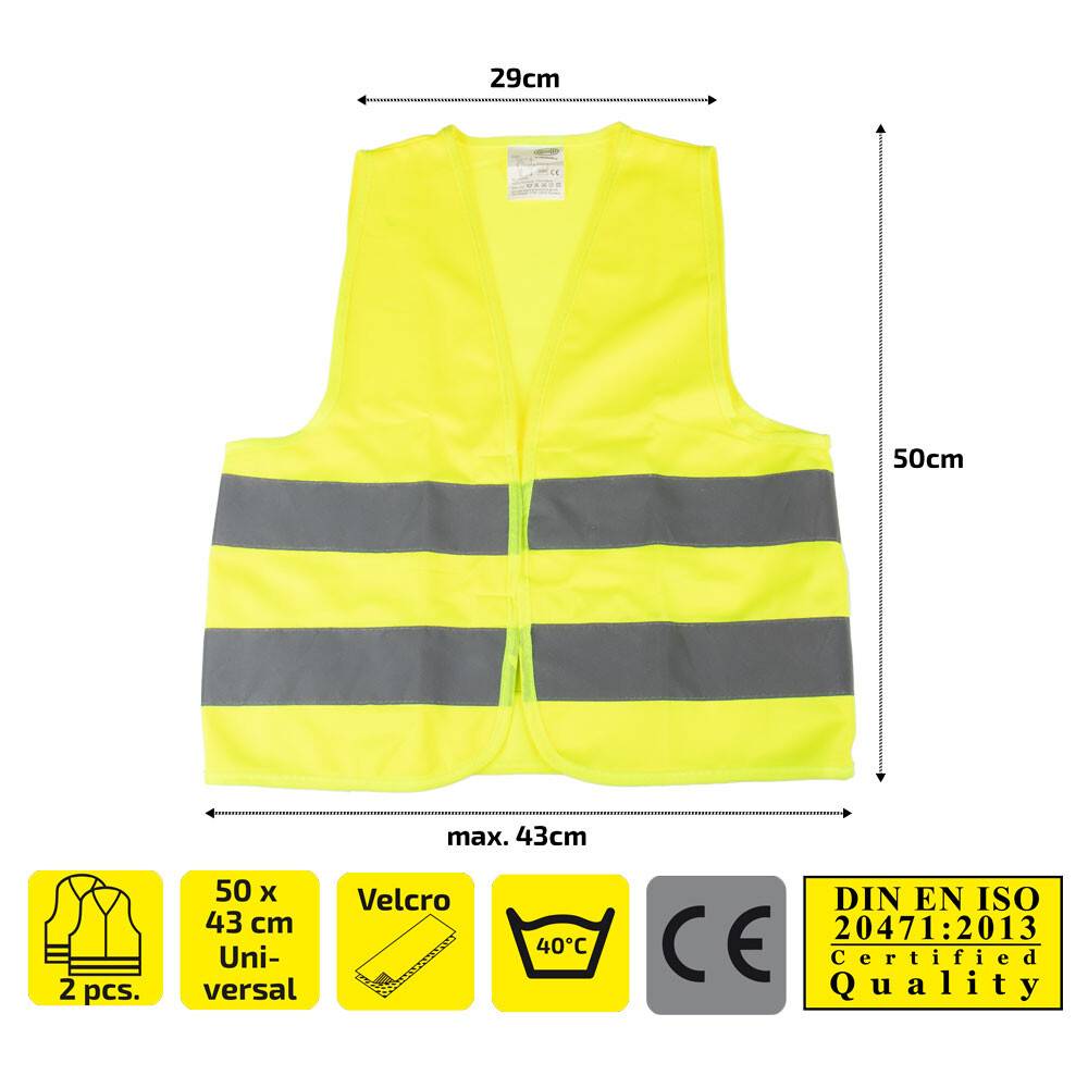 Gelbe Sicherheitsweste mit zwei grauen Streifen, 29 cm breit, 50 cm hoch, max. 43 cm Brustbreite, mit Klettverschluss. Die Icons unten zeigen die Funktionen.