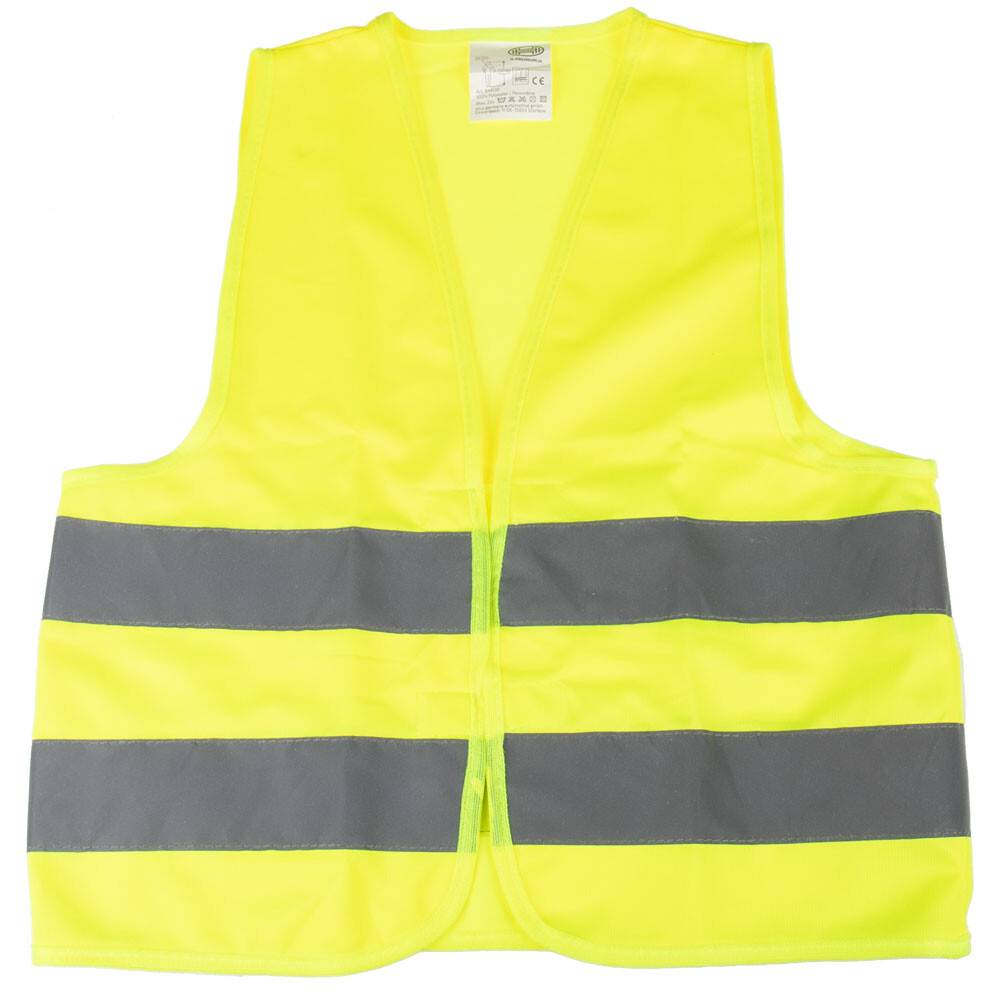 Eine leuchtend gelbe Sicherheitsweste mit reflektierenden grauen horizontalen Streifen, typischerweise getragen für hohe Sichtbarkeit in Bau- oder Verkehrsbereichen.