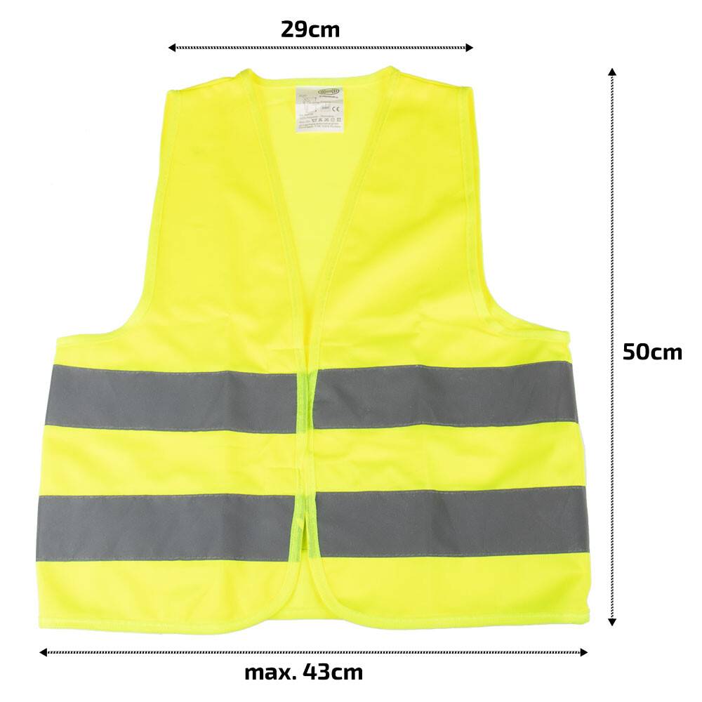 Eine hochsichtbare gelbe Sicherheitsweste mit reflektierenden grauen Streifen, die oben 29 cm breit, 50 cm hoch und unten 43 cm breit ist.