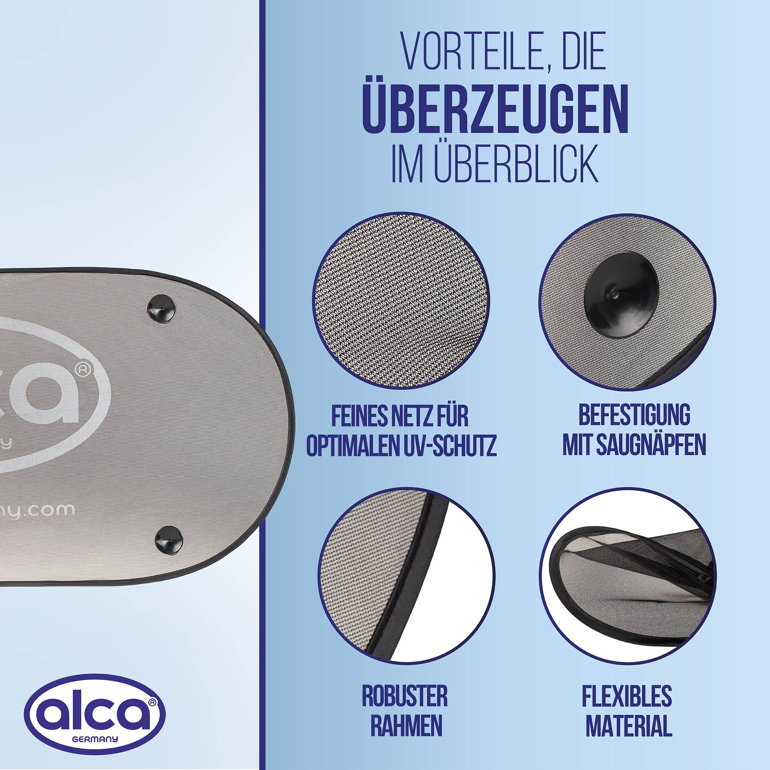 Werbegrafik für einen Alca-Autosonnenschutz, die eine Nahaufnahme des Produkts und vier Merkmale zeigt: feines Mesh-UV-Schutz, Saugnapf-Befestigung, robuster Rahmen, flexibles Material.