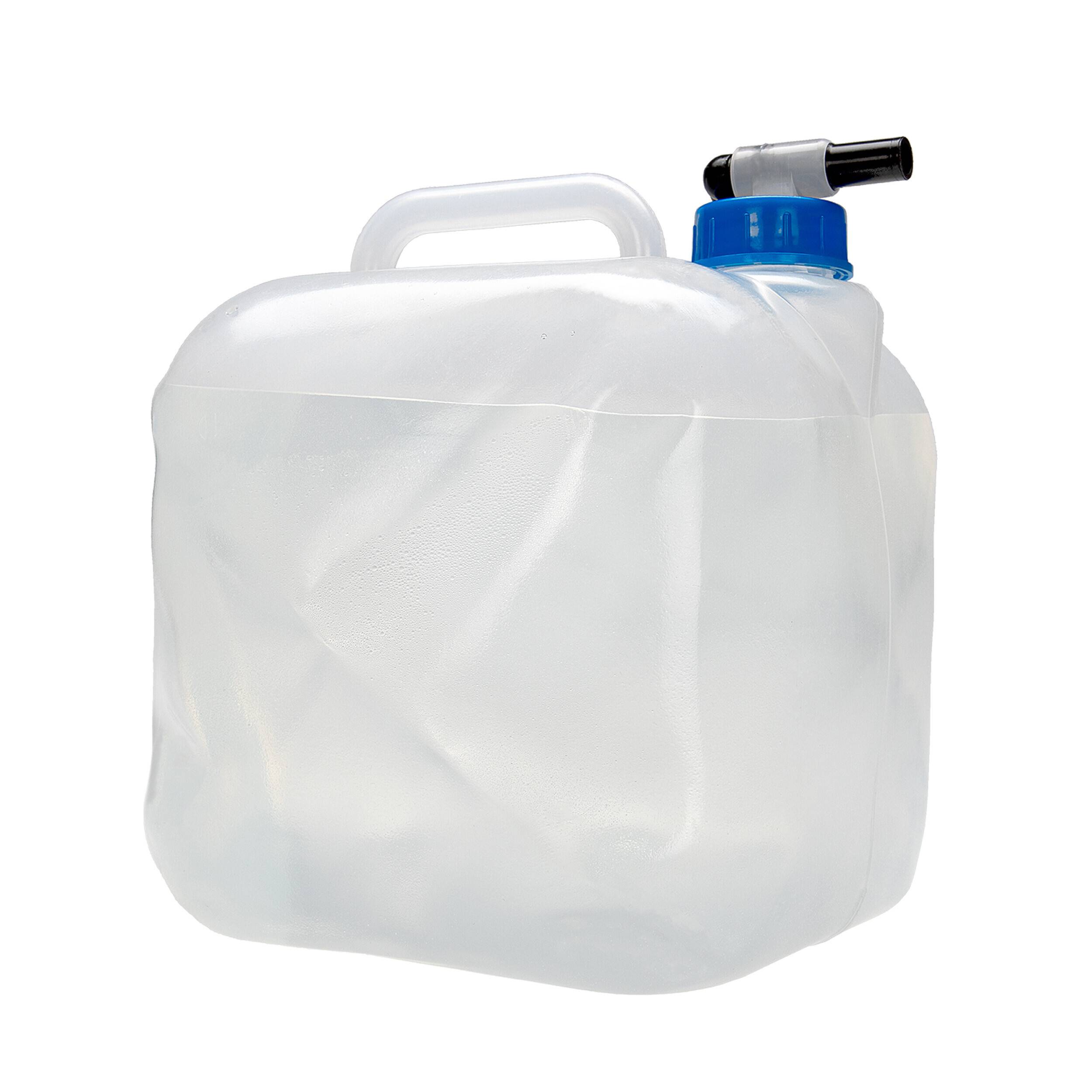 Ein durchscheiniger Kunststoff-Wasserbehälter mit Griff und blauem und schwarzem Ausguss, konzipiert für tragbare Wasserspeicherung.