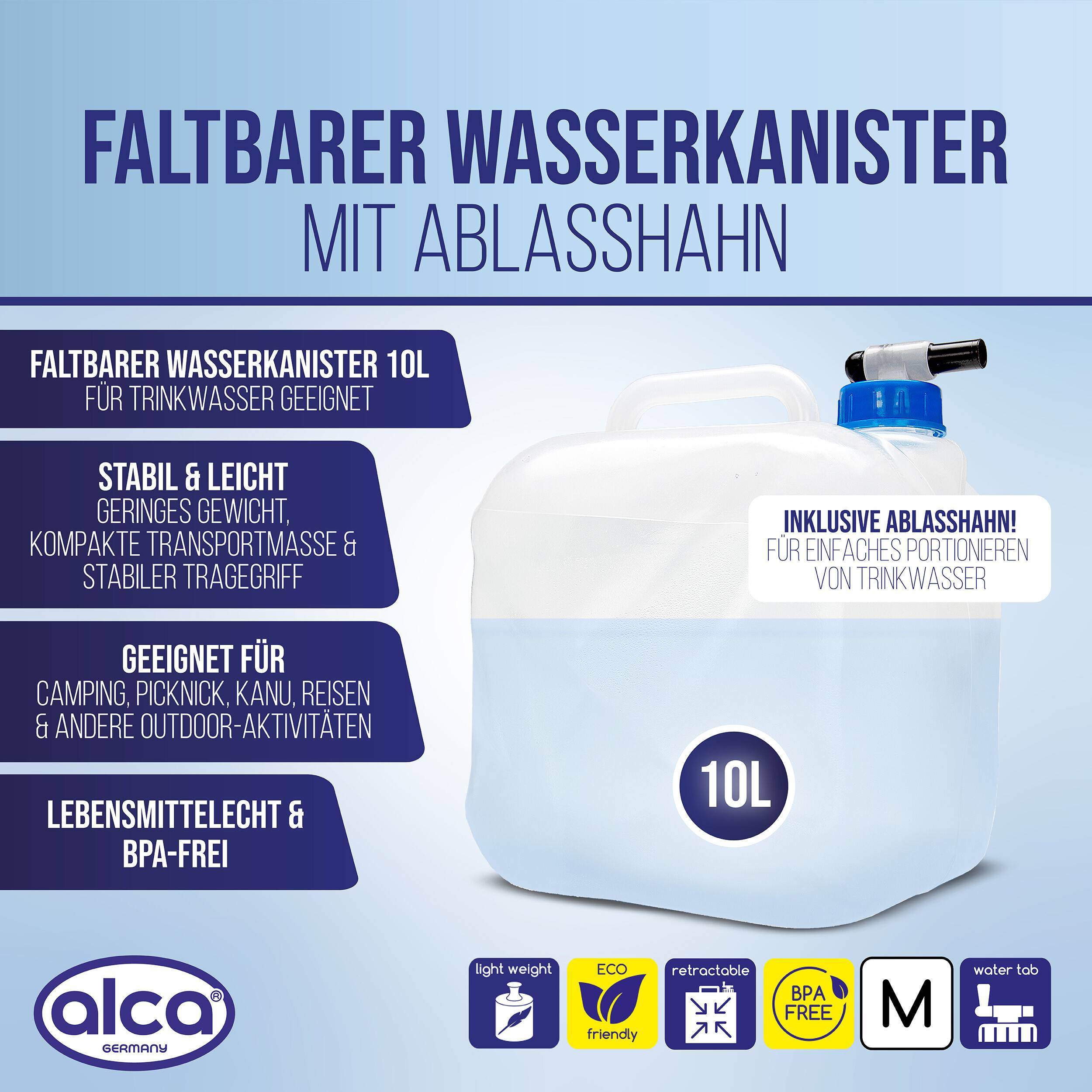 Infografik eines 10-Liter-Faltwasserbehälters mit Zapfhahn; hebt hervor: tragbar, leichtgewichtig, lebensmittelecht, BPA-frei und geeignet für Camping und Reisen.