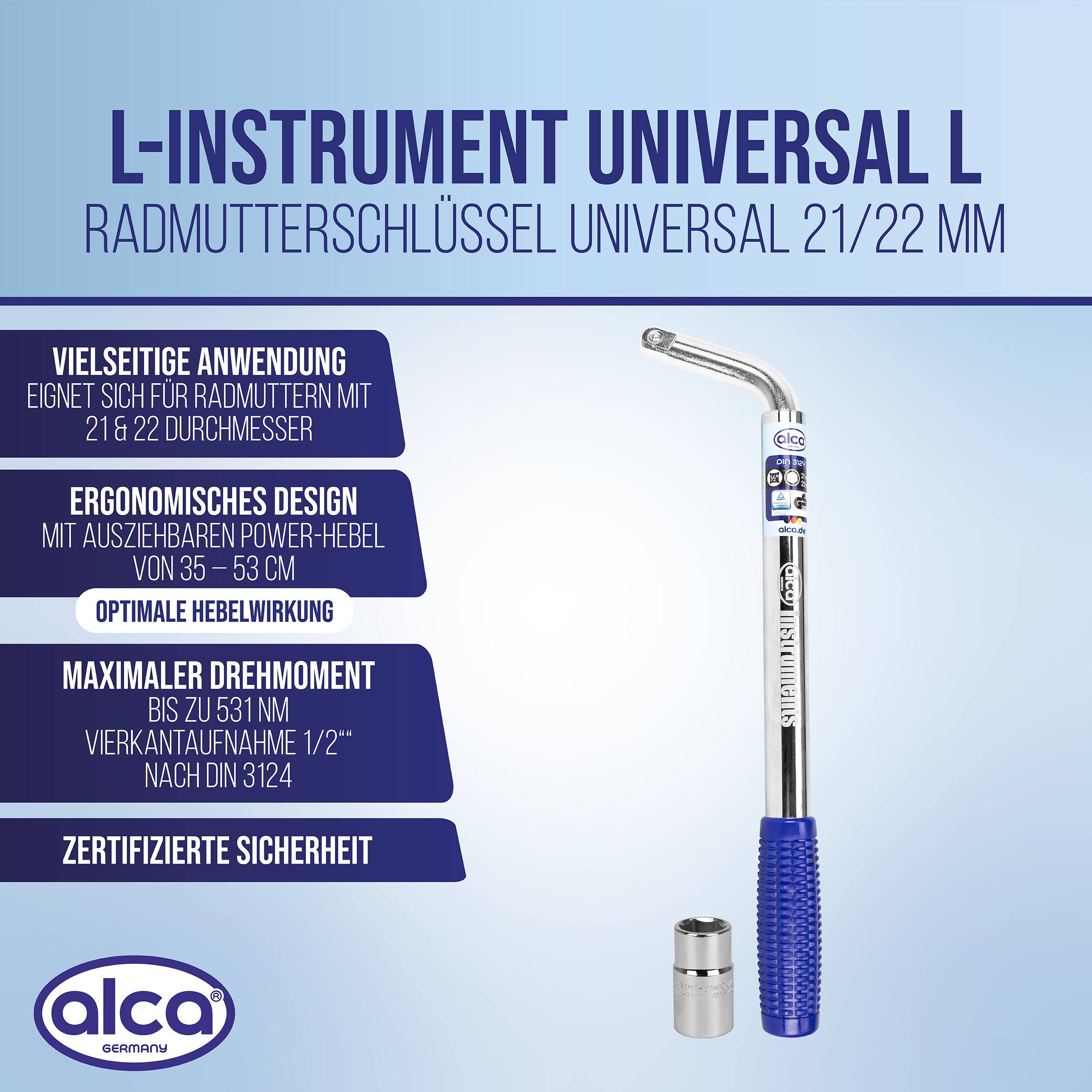 alca® Radmutterschlüssel Universal 21/22mm ausziehbar 35 - 53 cm mit rutschfestem Kunststoffgriff 1/2 Zoll Vierkant
