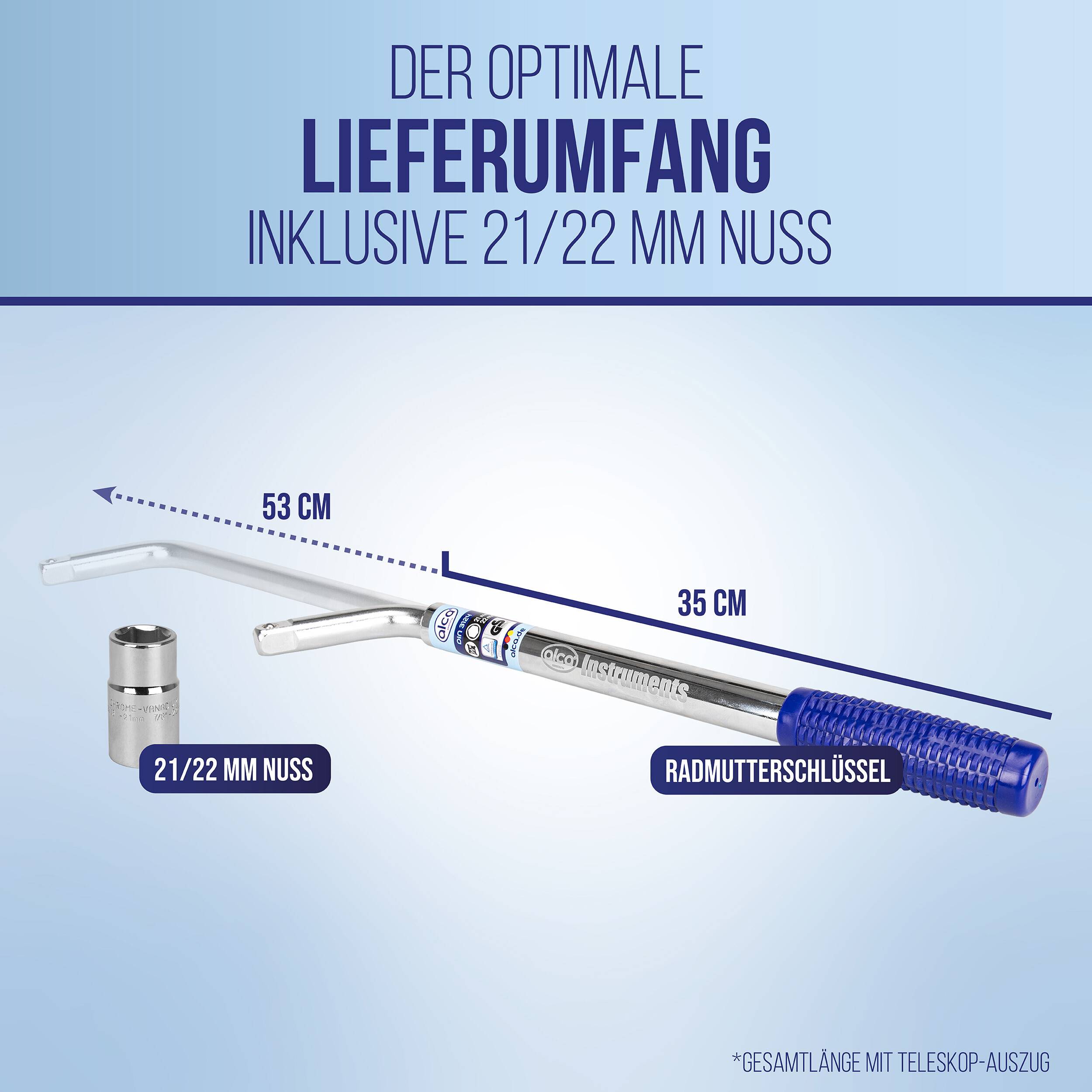 Abbildung eines Radmutterschlüsselsatzes: 53 cm Gesamtlänge, 35 cm Griff, einschließlich 21/22 mm Stecknuss und Kennzeichnung 