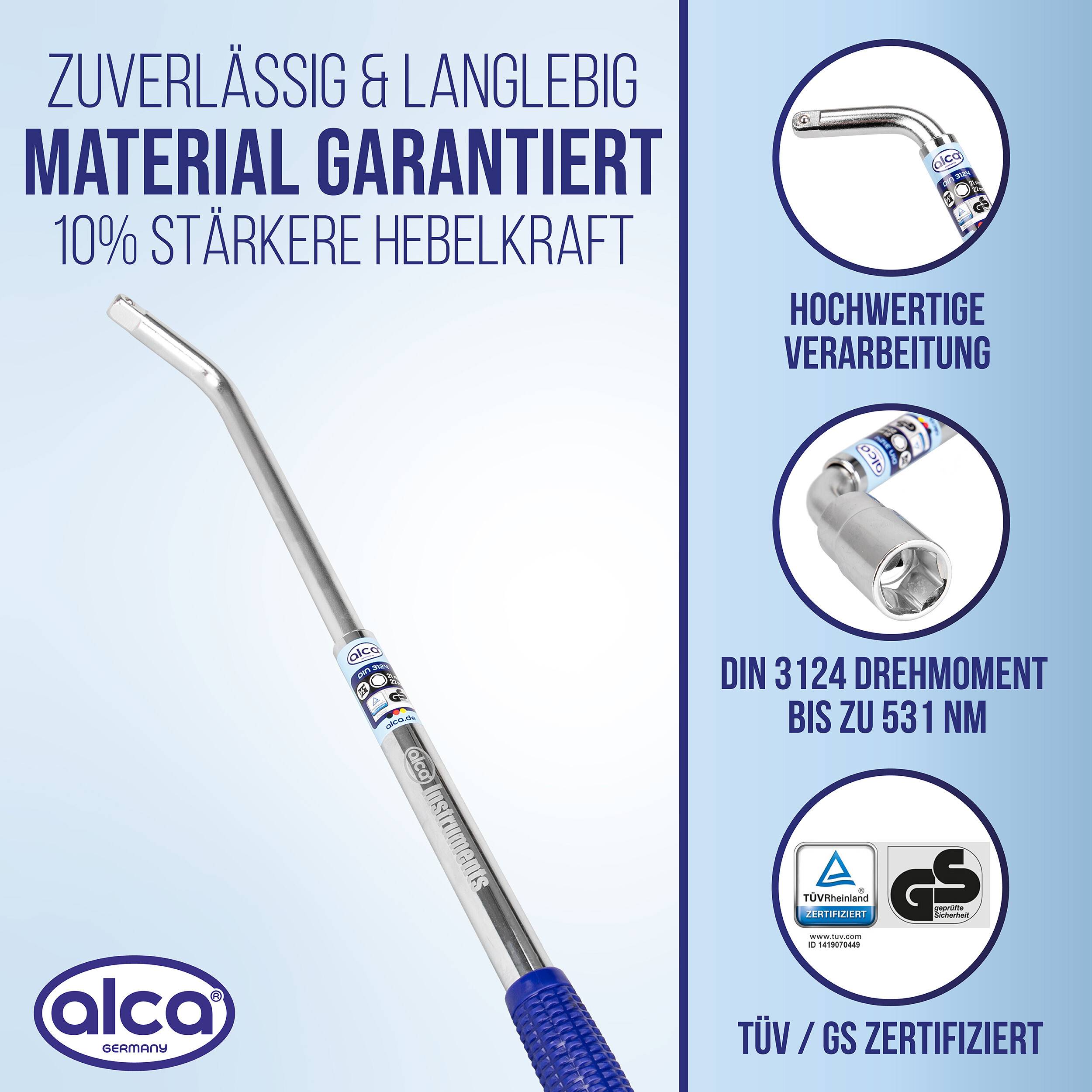 Produktanzeige für ein Alca-Autowerkzeug mit metallischem Hebel und blauem Griff, das langlebige Materialien, 10 % stärkere Hebelwirkung, hochwertige Verarbeitung, DIN 3124 Drehmoment bis 531 Nm und TÜV/GS-Zertifizierung verspricht.