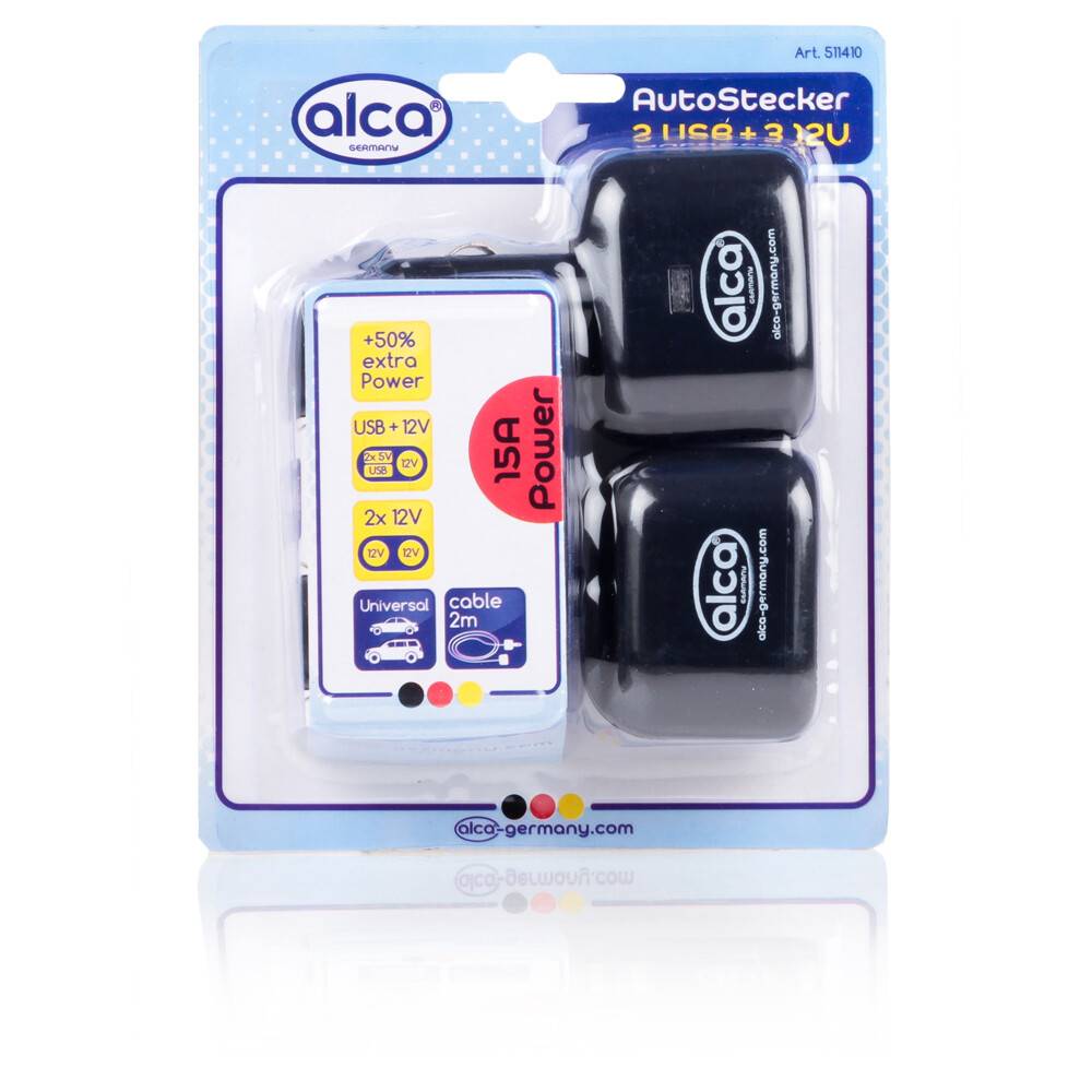 alca® Mehrfachstecker Zigarettenanzünder, 2m Kabel, 3x12V-Buchsen & 2xUSB-A Hitzebeständiges Polycarbonat Gehäuse,