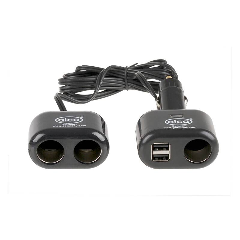 alca® Mehrfachstecker Zigarettenanzünder, 2m Kabel, 3x12V-Buchsen & 2xUSB-A Hitzebeständiges Polycarbonat Gehäuse,