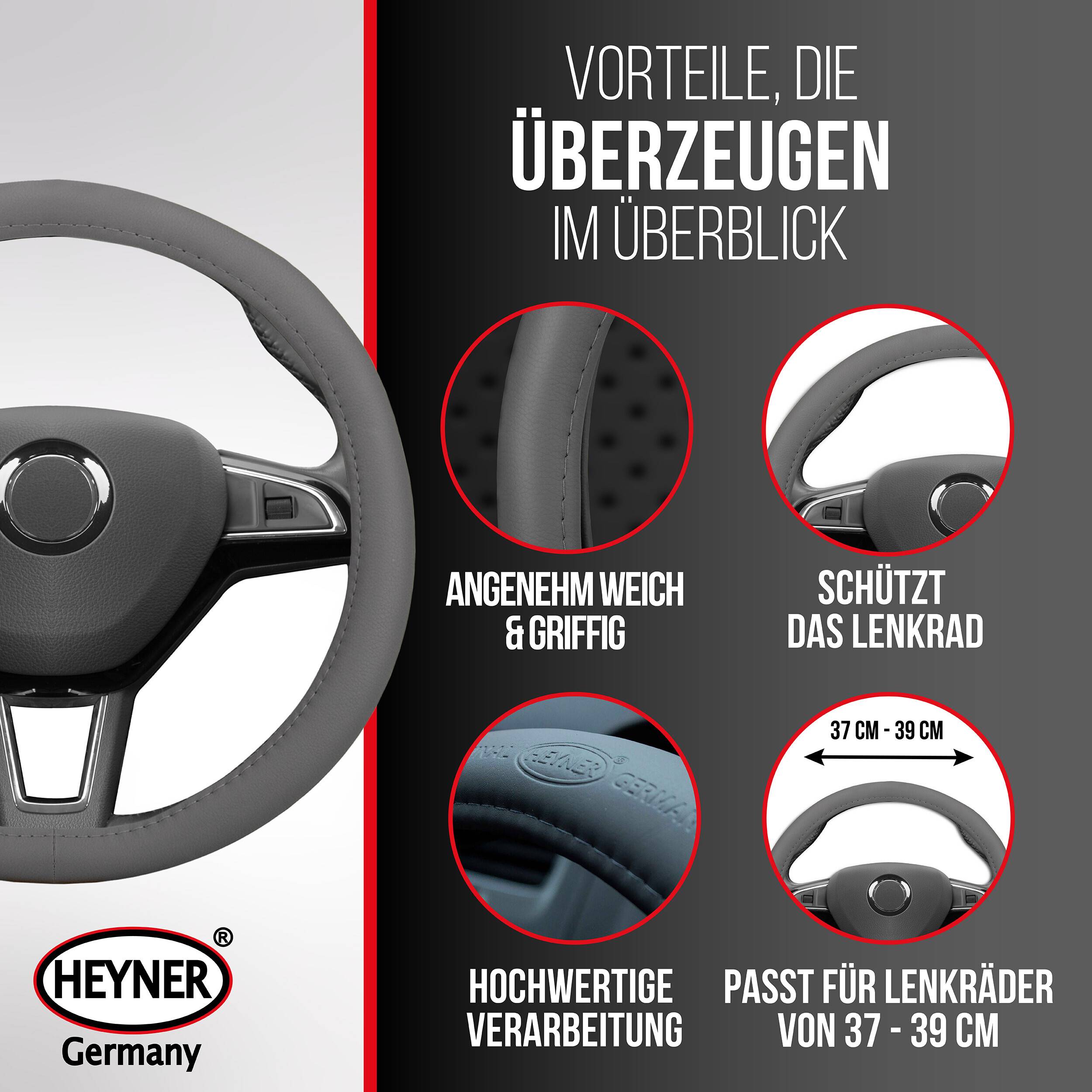 HEYNER® Lenkradhülle beige Auto 37-39 cm elegant Lenkradschoner graues weiches Leder Universal griffsicher rutschfest