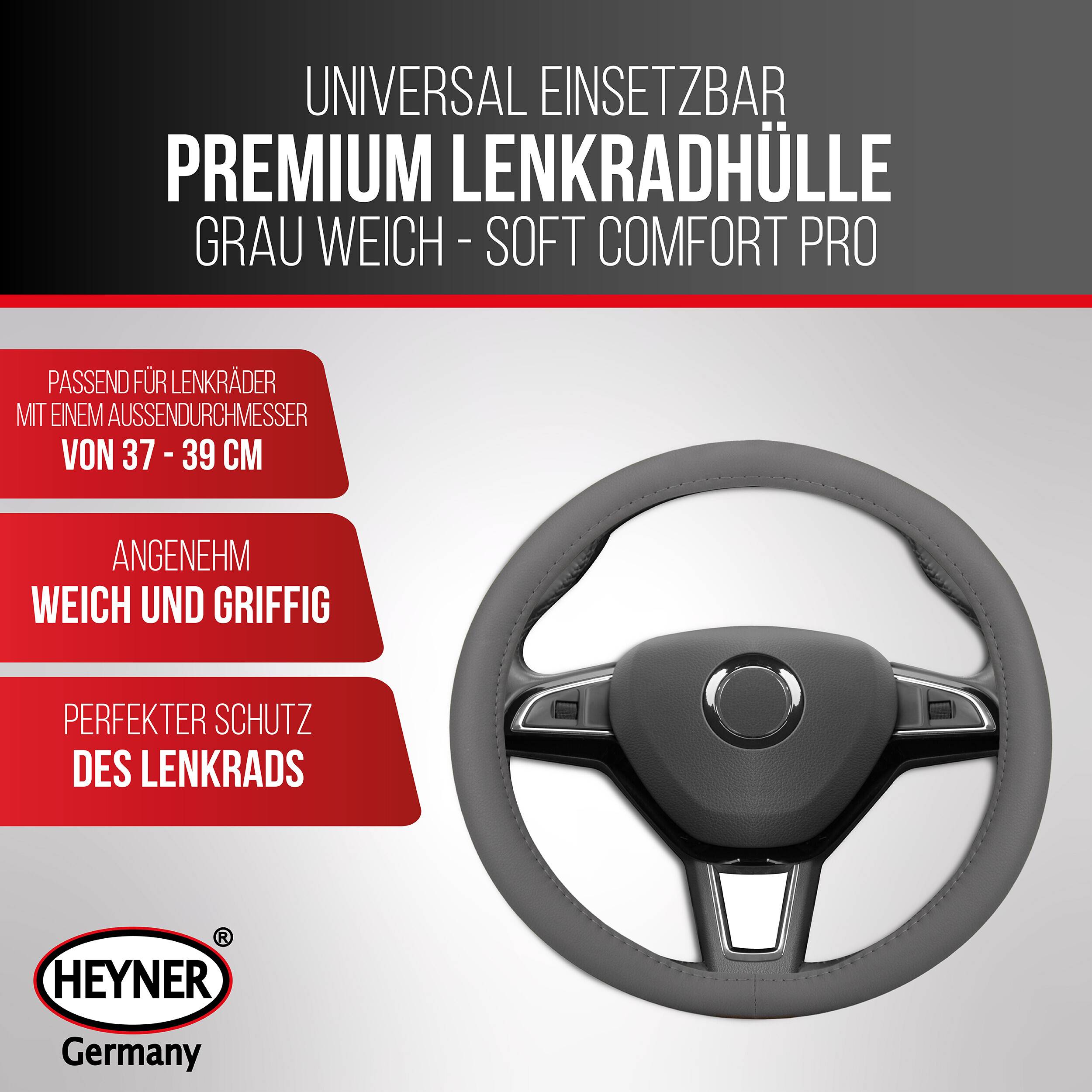 HEYNER® Lenkradhülle beige Auto 37-39 cm elegant Lenkradschoner graues weiches Leder Universal griffsicher rutschfest