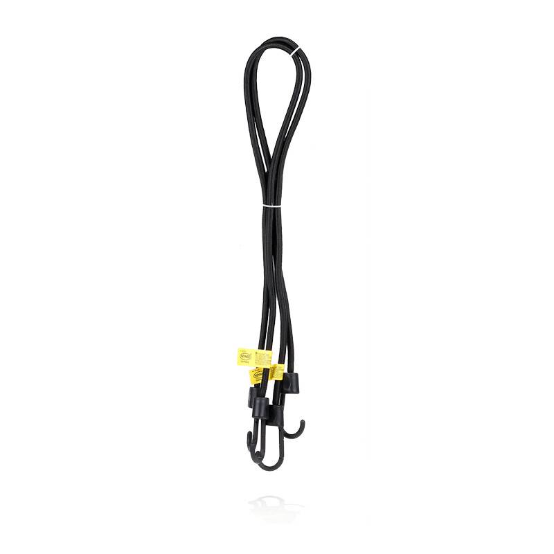 Schwarzes Bungee-Seil mit Haken an beiden Enden, mit gelben Etiketten gekennzeichnet.