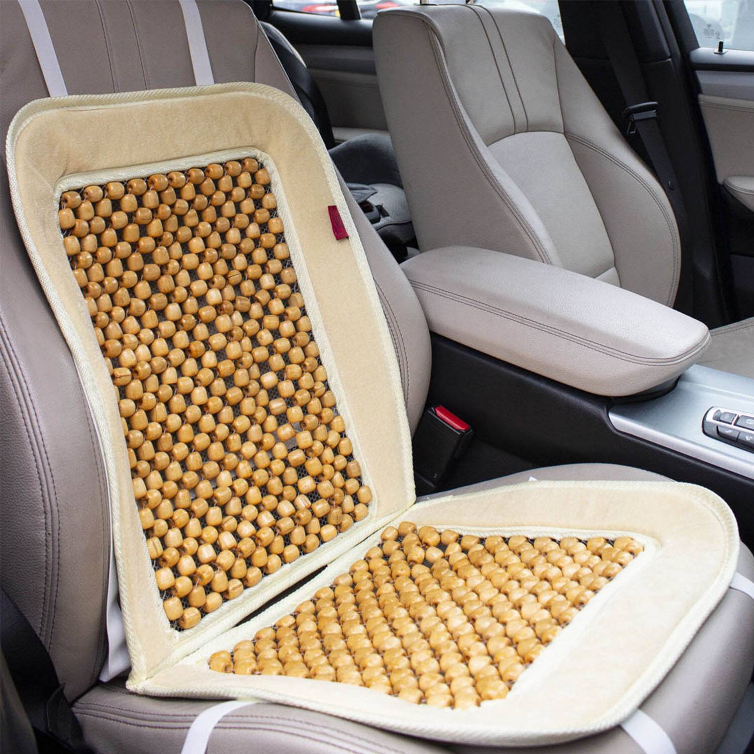 HEYNER® Holzkugel Sitzauflage beige – Auto Sitzbezug mit Massageeffekt, belüftet, universell für Fahrer & Beifahrer