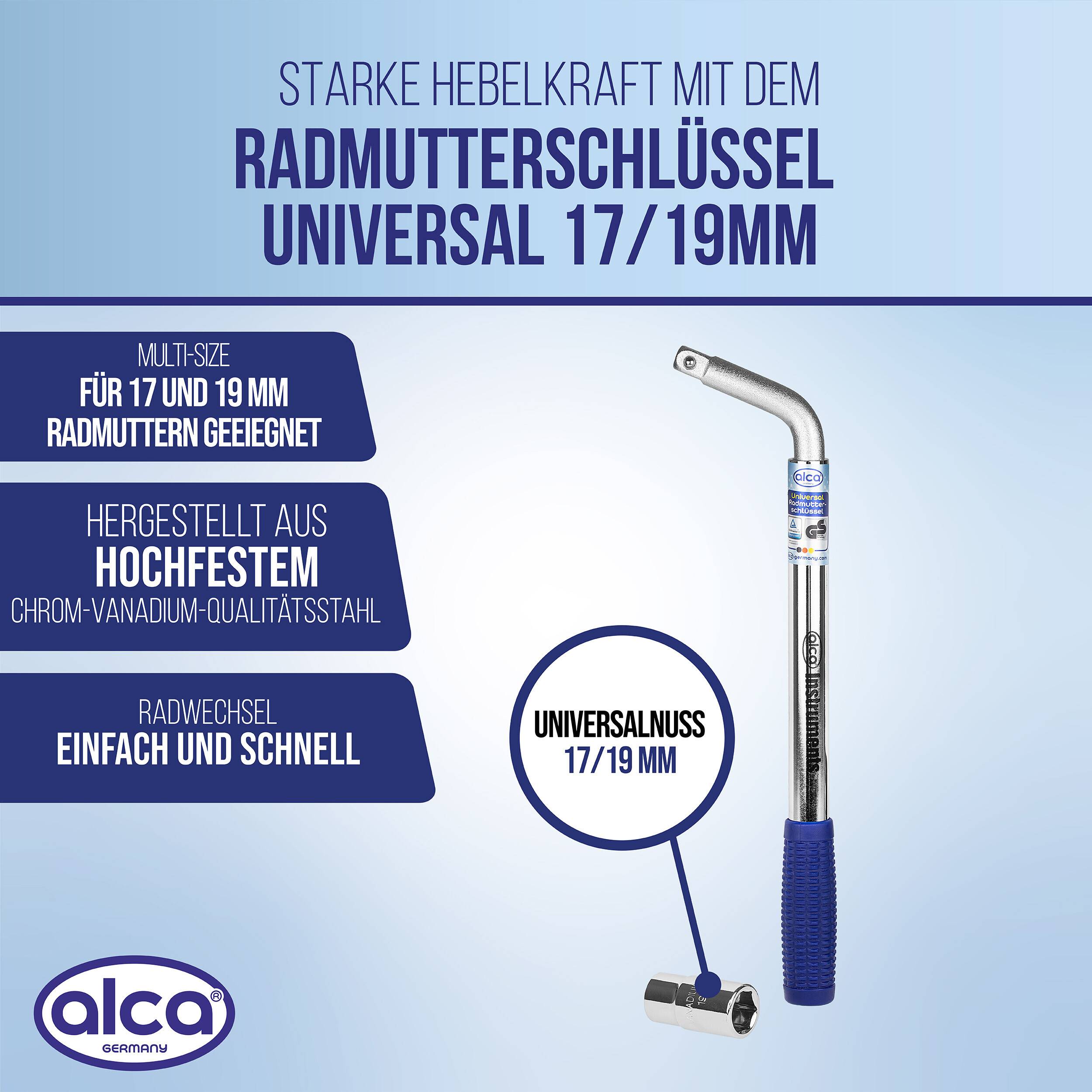 alca® Radmutterschlüssel Universal 17/19mm ausziehbar 35 - 53 cm mit rutschfestem Kunststoffgriff 1/2 Zoll Vierkant