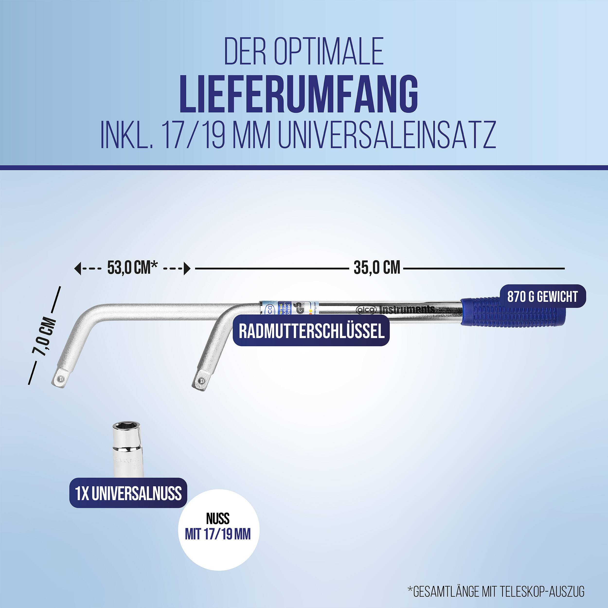 alca® Radmutterschlüssel Universal 17/19mm ausziehbar 35 - 53 cm mit rutschfestem Kunststoffgriff 1/2 Zoll Vierkant