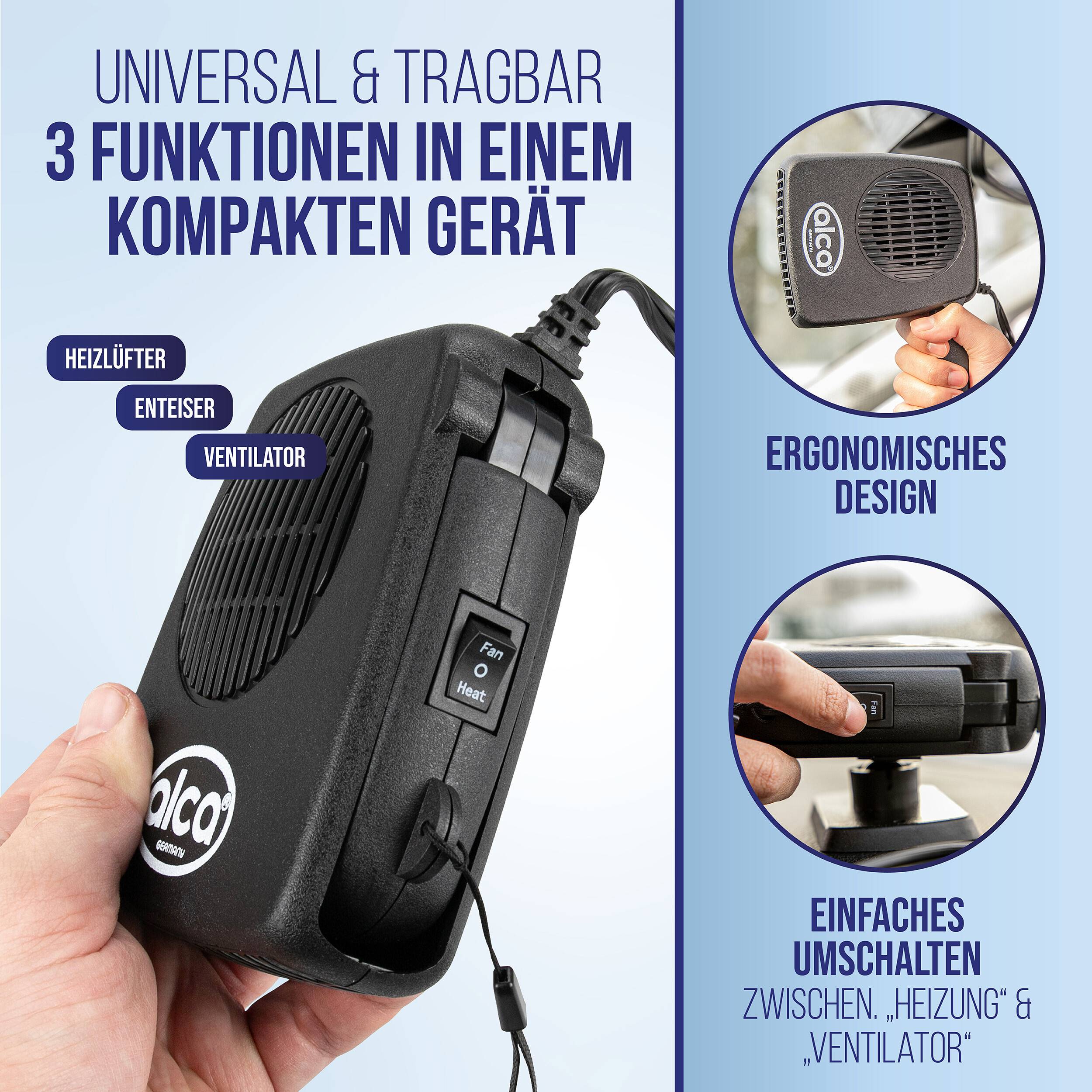 alca® Heizlüfter 12 V - 144W Auto Keramikheizung Ventilator Hot/Cool mini Lüfter Enteiser tragbar universal alle