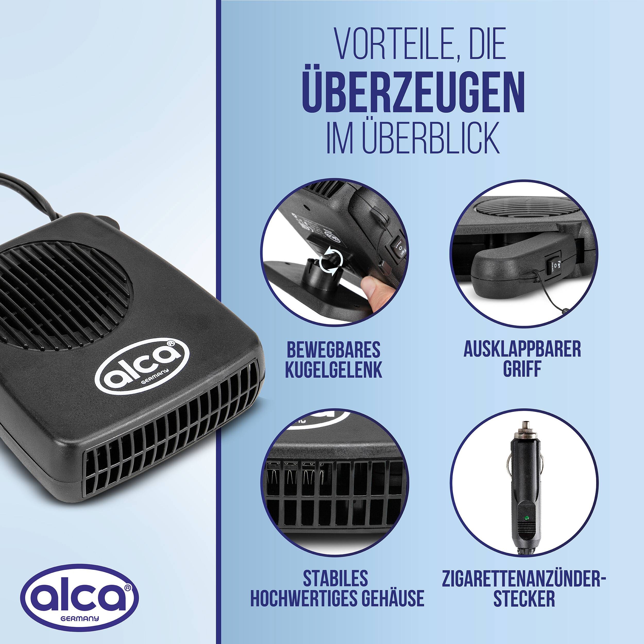 alca® Heizlüfter 12 V - 144W Auto Keramikheizung Ventilator Hot/Cool mini Lüfter Enteiser tragbar universal alle