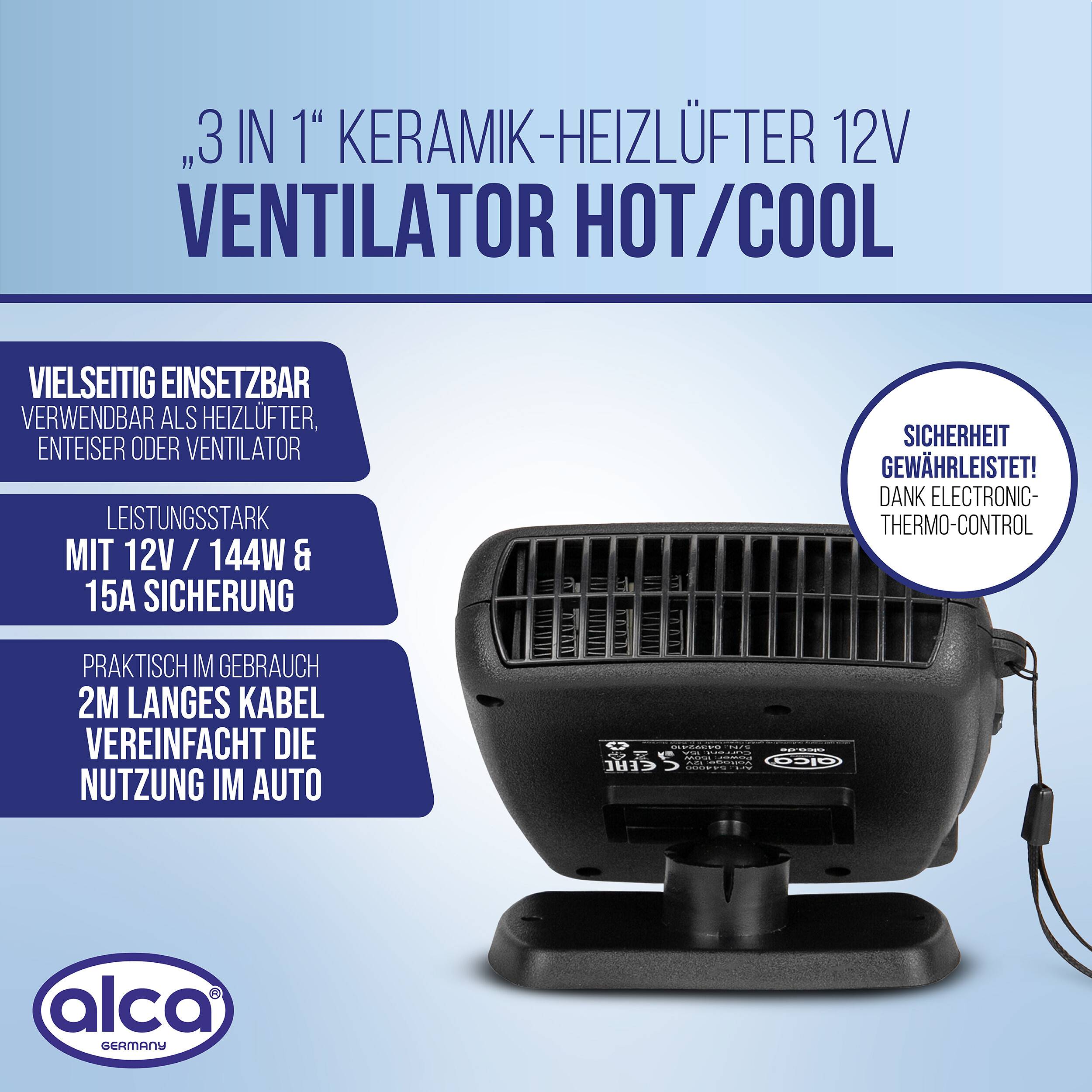 alca® Heizlüfter 12 V - 144W Auto Keramikheizung Ventilator Hot/Cool mini Lüfter Enteiser tragbar universal alle
