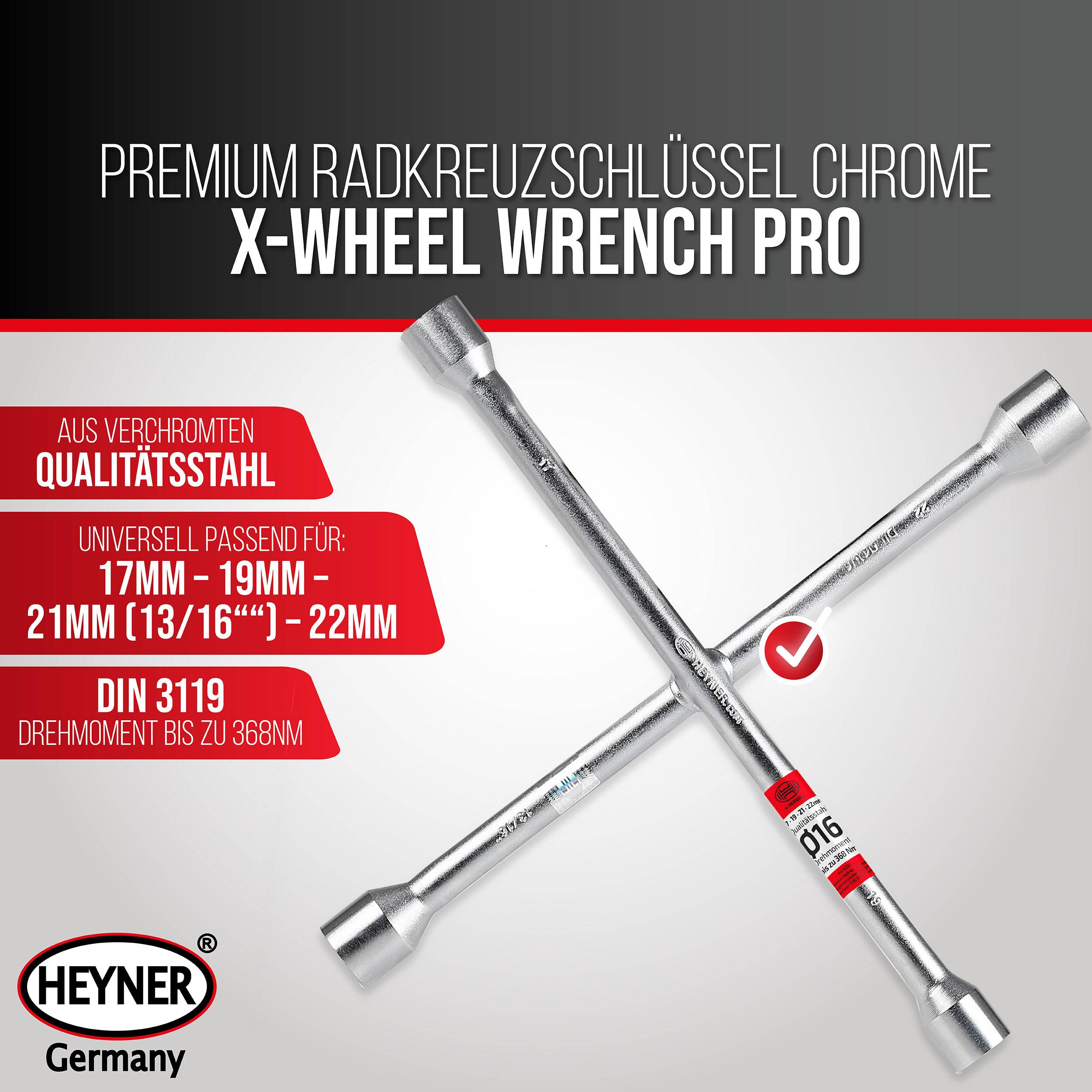 Werbebild eines Heyner Germany 'X-Wheel Wrench Pro' Chrom-Kreuzschlüssels, das die Kompatibilität mit 17-19 mm, 21 mm (13/16) und 22 mm Nüssen zeigt.