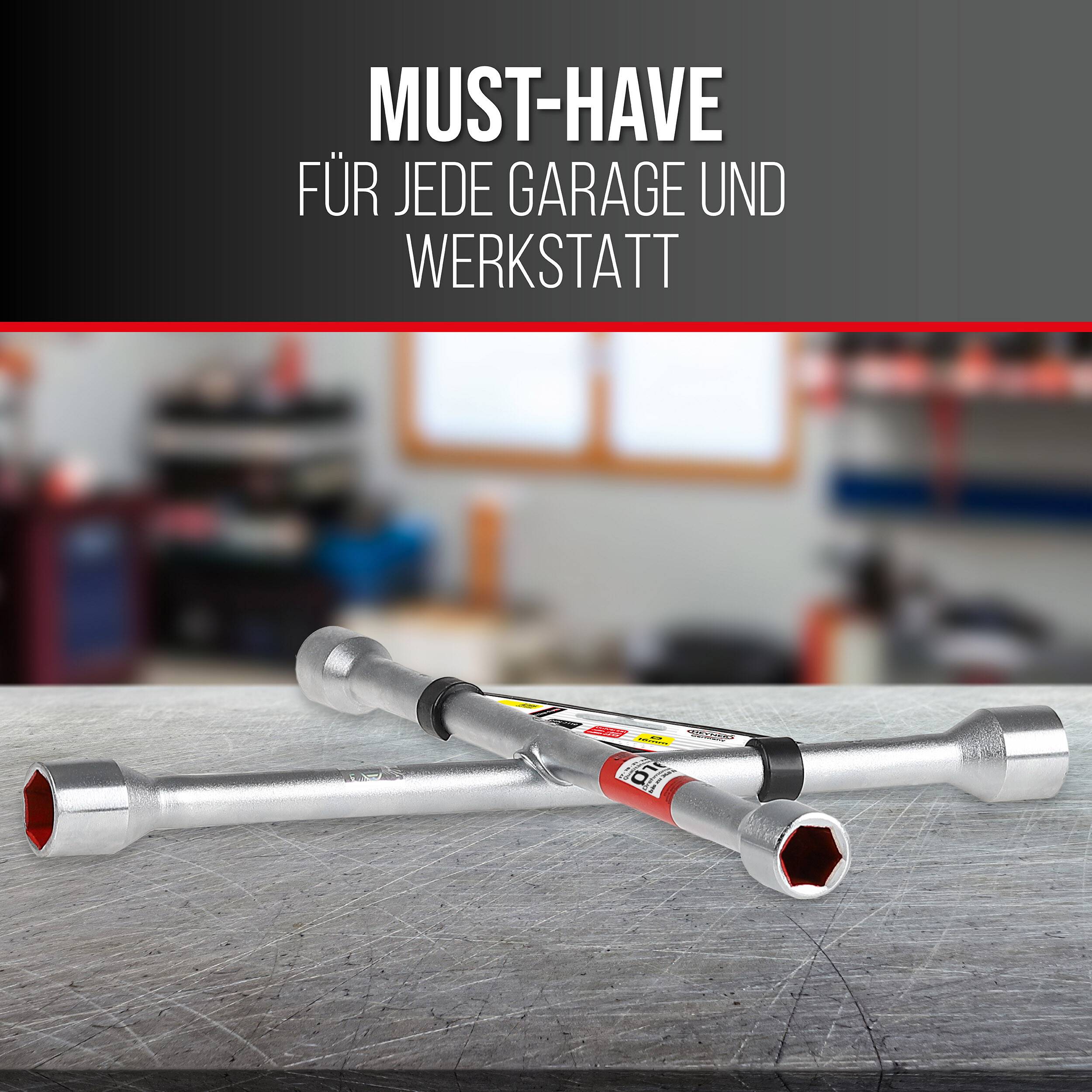 HEYNER® Radkreuzschlüssel mit 17-19-21-23 mm Schüsselweiten Schlüssel für Radmuttern gängiger Autos &