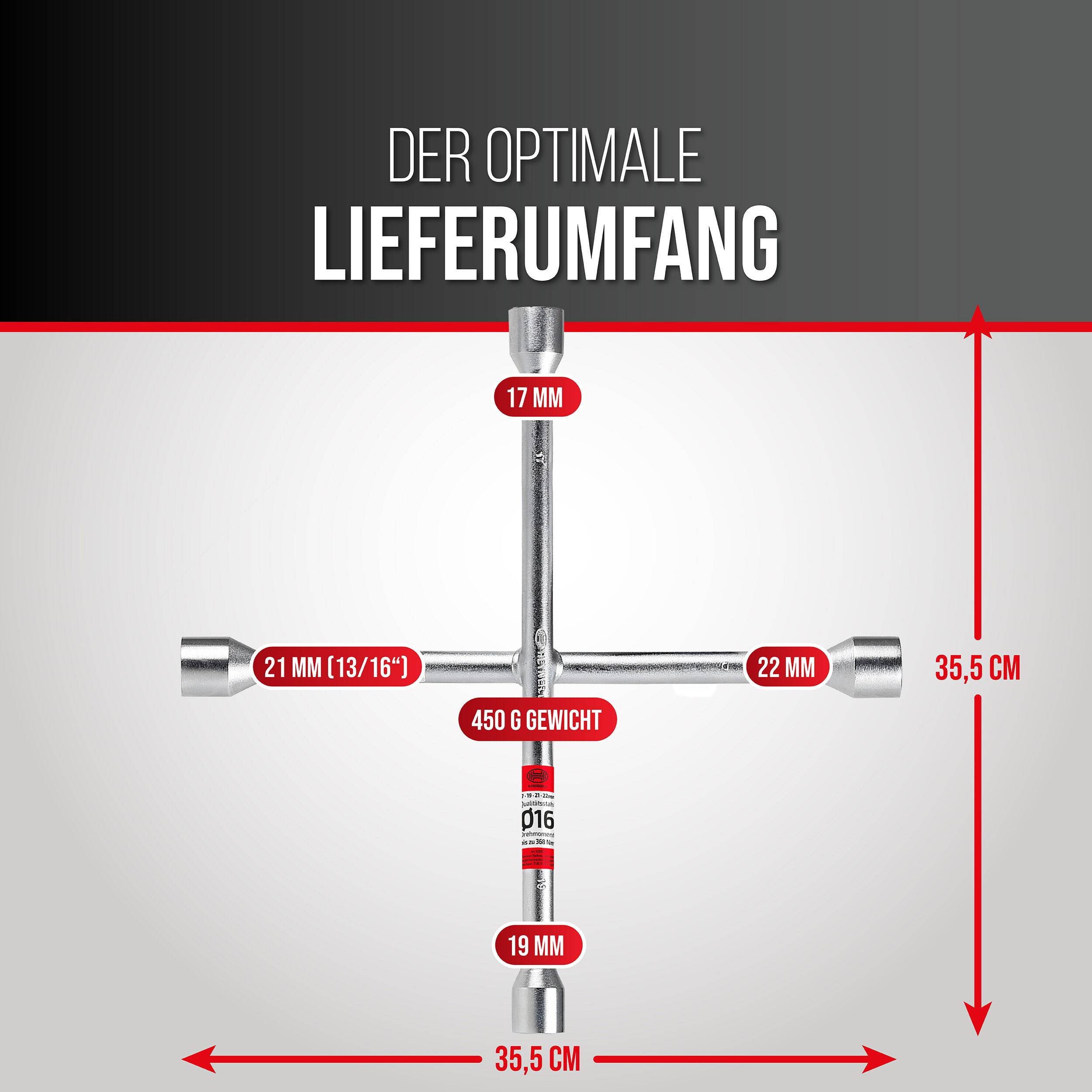 Diagramm mit einem verstellbaren Werkzeug und optimalem Lieferbereich: 35,5 cm breit und hoch, 17 mm oben, 21 mm und 22 mm an den Seitenkanten, 19 mm unten, Gewicht 450 g.
