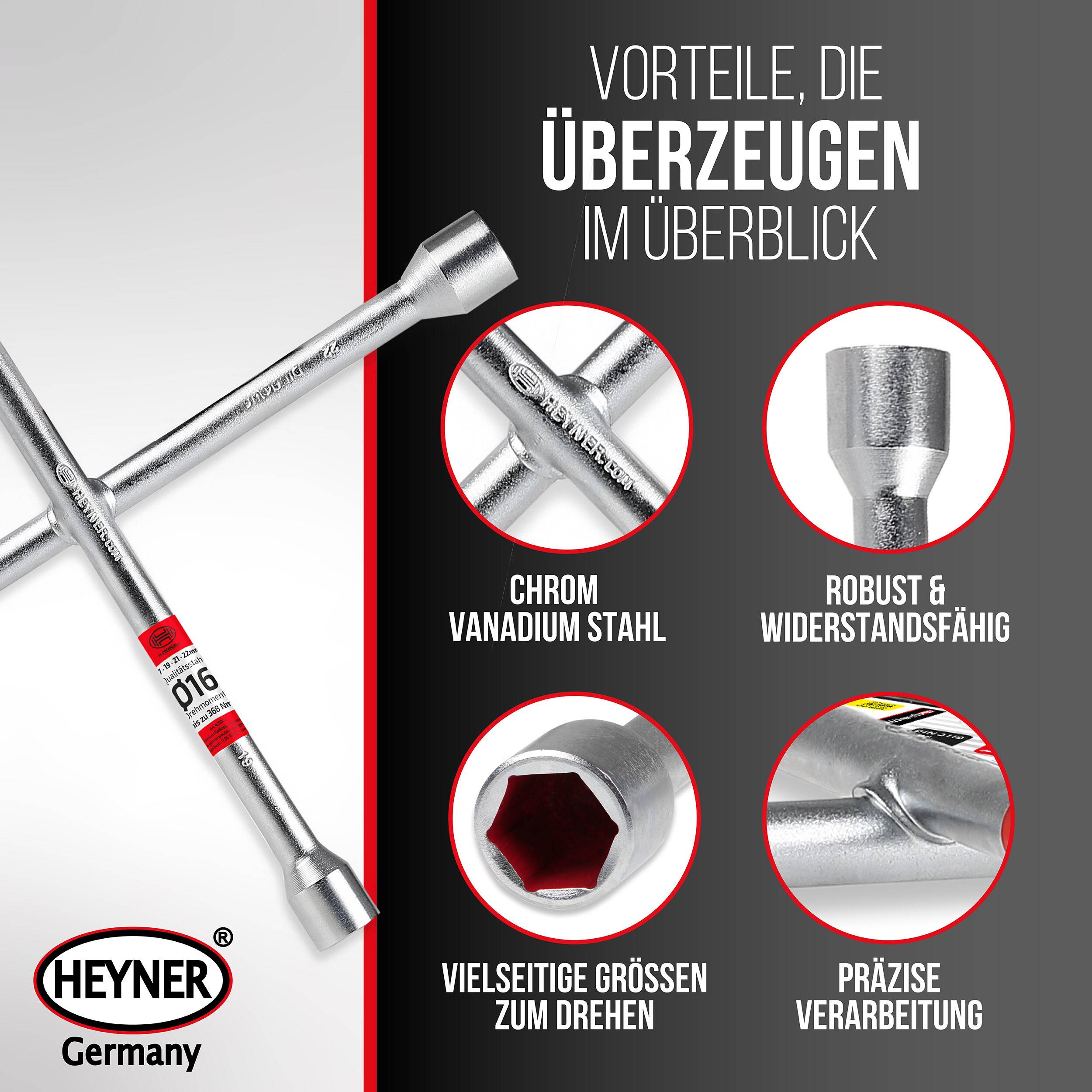 Werbegrafik von HEYNER Deutschland mit Chrom-Vanadium-Stahlnüssen, mit Text, der robuste Langlebigkeit, vielfältige Größen und präzise Verarbeitung hervorhebt.