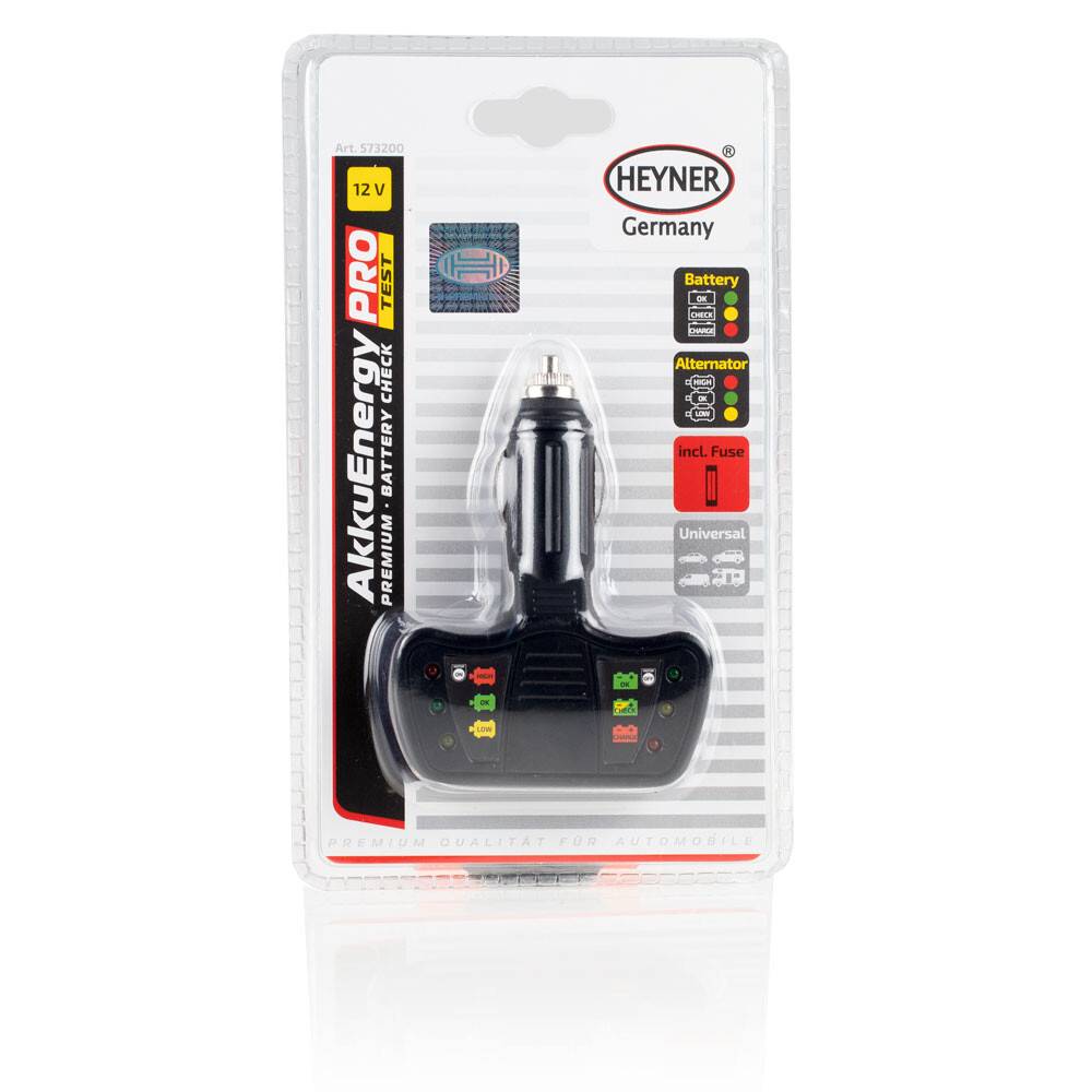 HEYNER® Batterieprüfer 12 V Spannungsmesser / Prüfgerät mit LED für Zigarettenanzünder Akku Energy TEST Batteriespannung