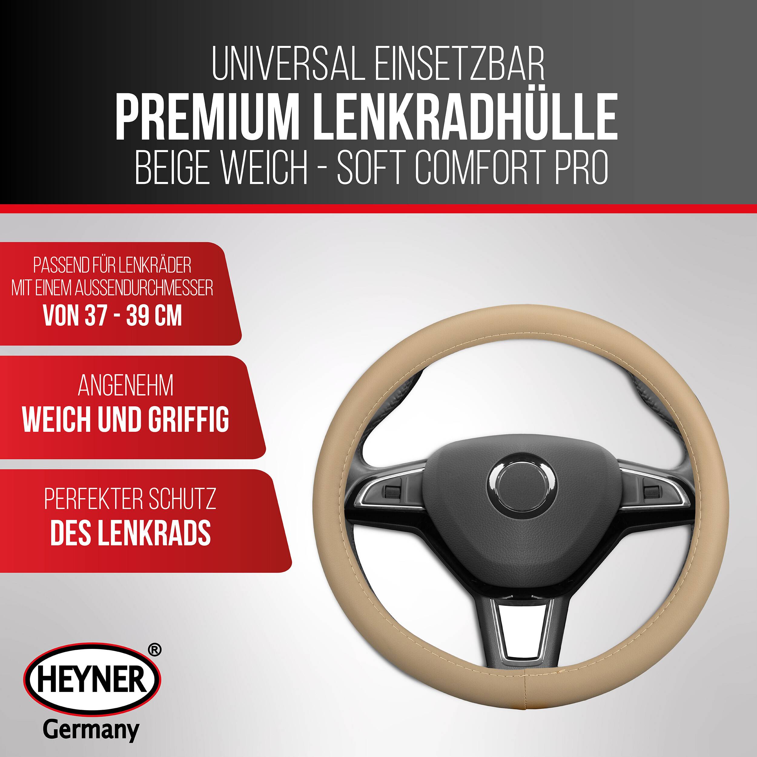 HEYNER® Lenkradhülle beige Auto 37-39 cm elegant Lenkradschoner beiges weiches Leder Universal griffsicher rutschfest