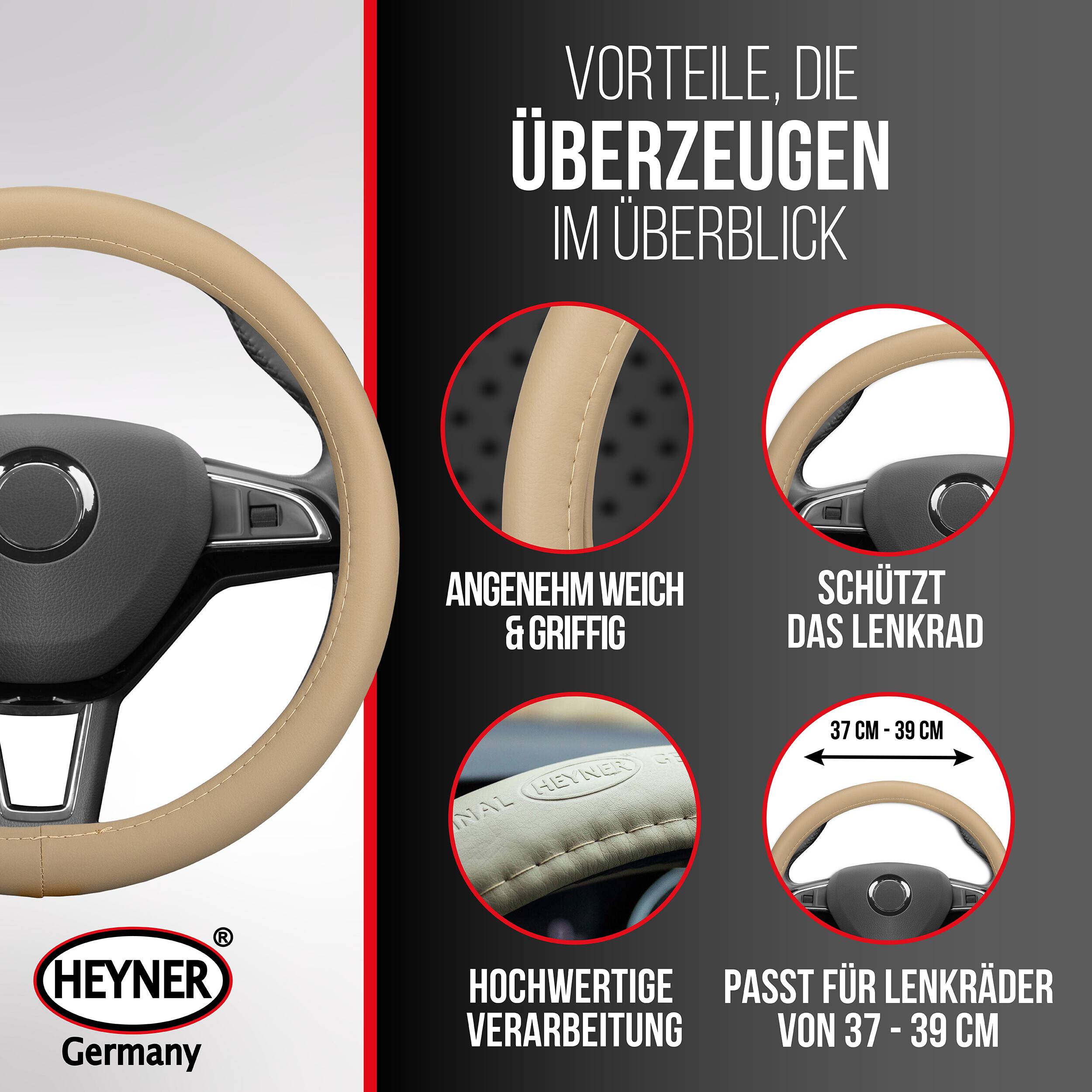 HEYNER® Lenkradhülle beige Auto 37-39 cm elegant Lenkradschoner beiges weiches Leder Universal griffsicher rutschfest