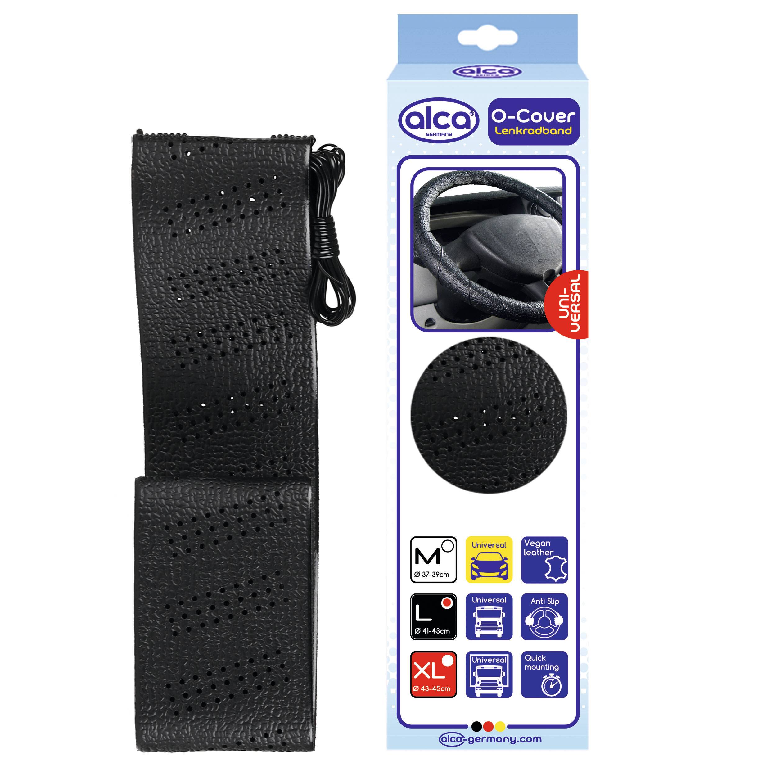 Lenkradabdeckung in Schwarz mit perforierter Oberfläche, daneben die Verpackung mit Produktdetails und kompatiblen Größen.