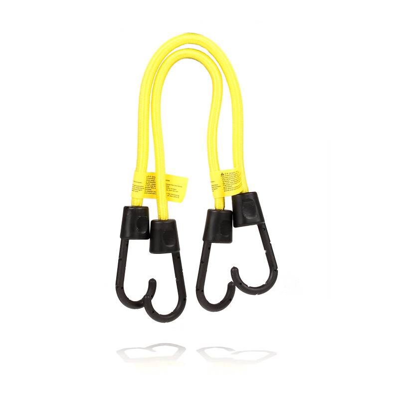 Gelbe Bungee-Seile mit schwarzen Haken, die an einem Ende verbunden sind, geeignet zum Sichern von Gegenständen oder zur Bereitstellung von Spannungsunterstützung.