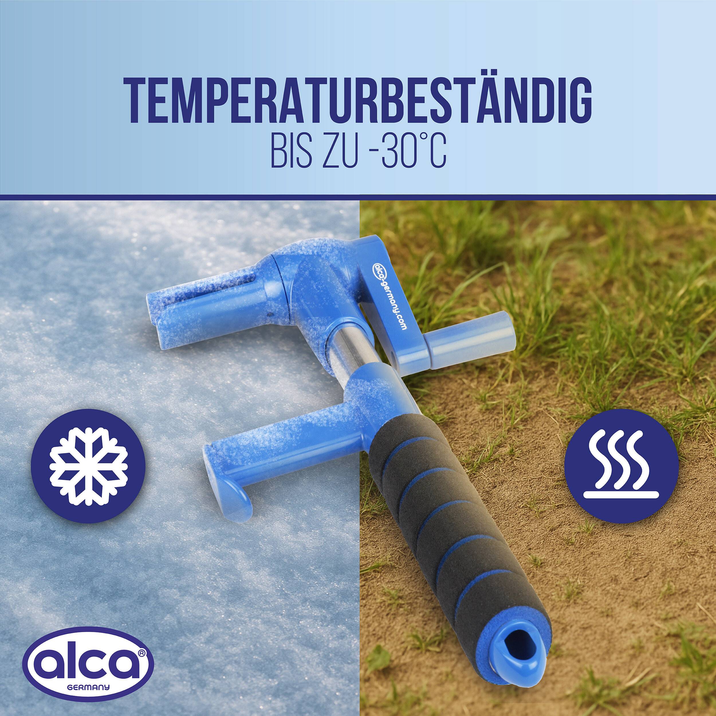 Blauer ALCA Windschutzscheiben-Eiskratzer auf Eis und Gras mit Text „TEMPERATURBESTÄNDIG BIS ZU -30°C