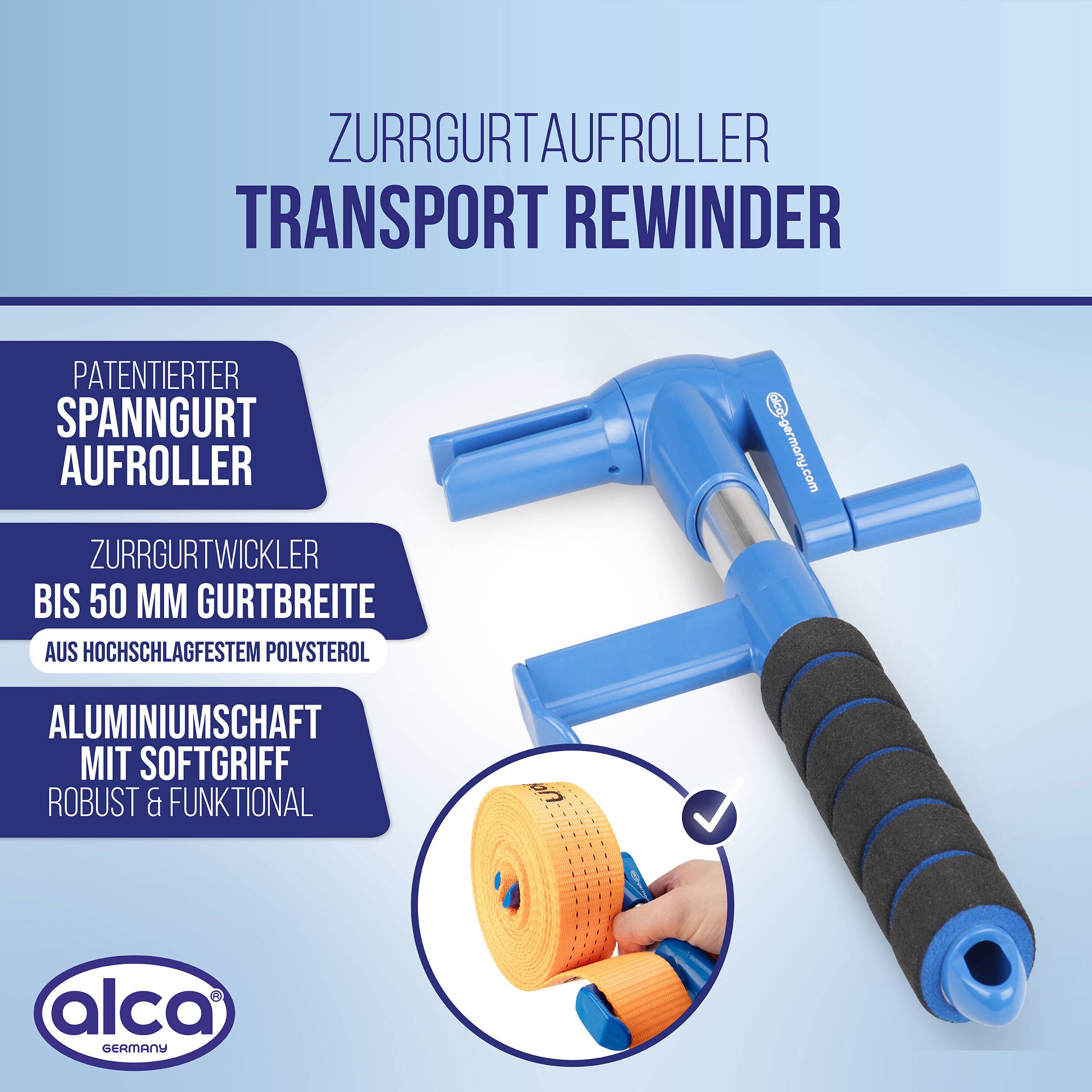 alca® Zurrgurtaufroller für Spanngurte bis 50 mm Gurtbreite Handkurbel Aluminiumschaft mit Softgriff,