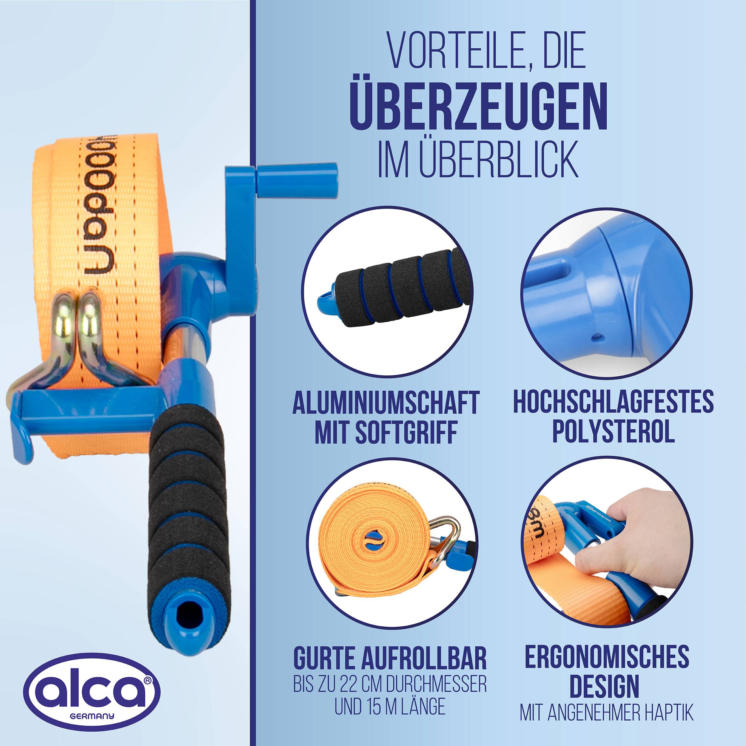 alca® Zurrgurtaufroller für Spanngurte bis 50 mm Gurtbreite Handkurbel Aluminiumschaft mit Softgriff,