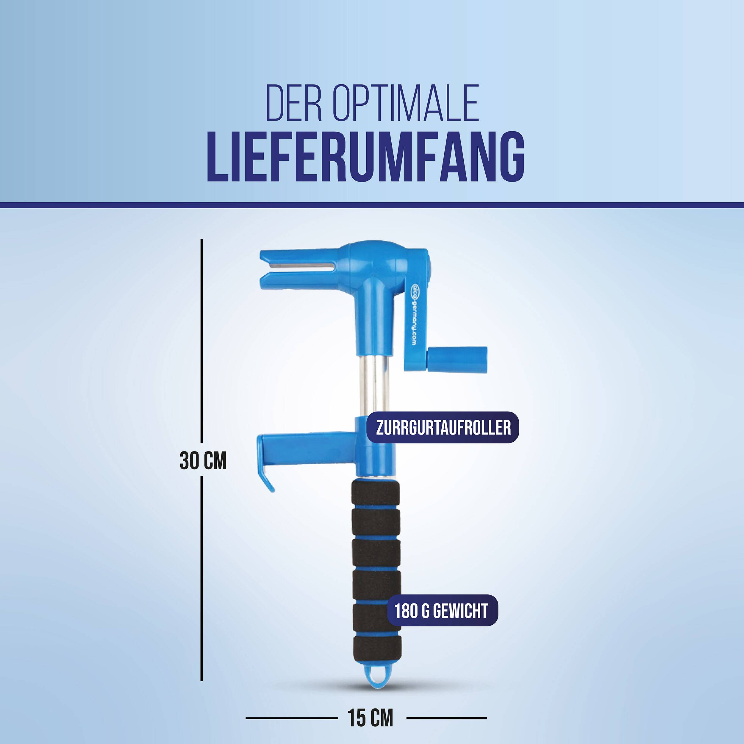 Produktgrafik zeigt ein blaues Spannwerkzeug für Riemen mit der Bezeichnung „Der optimale Lieferumfang