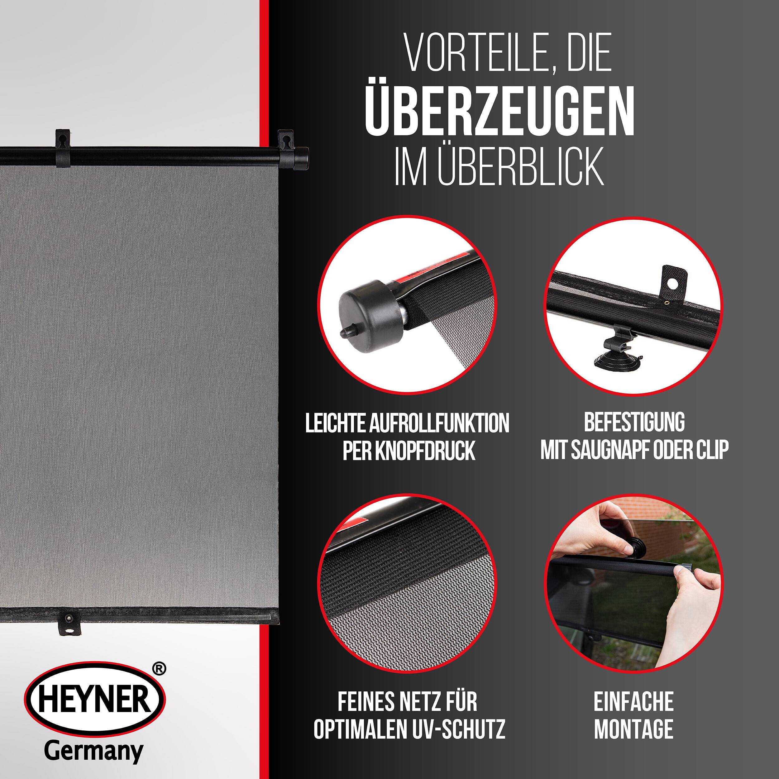 HEYNER® Sonnenrollo Set Auto, 52x55cm, mit Saugnäpfen, Klett & Klemmen