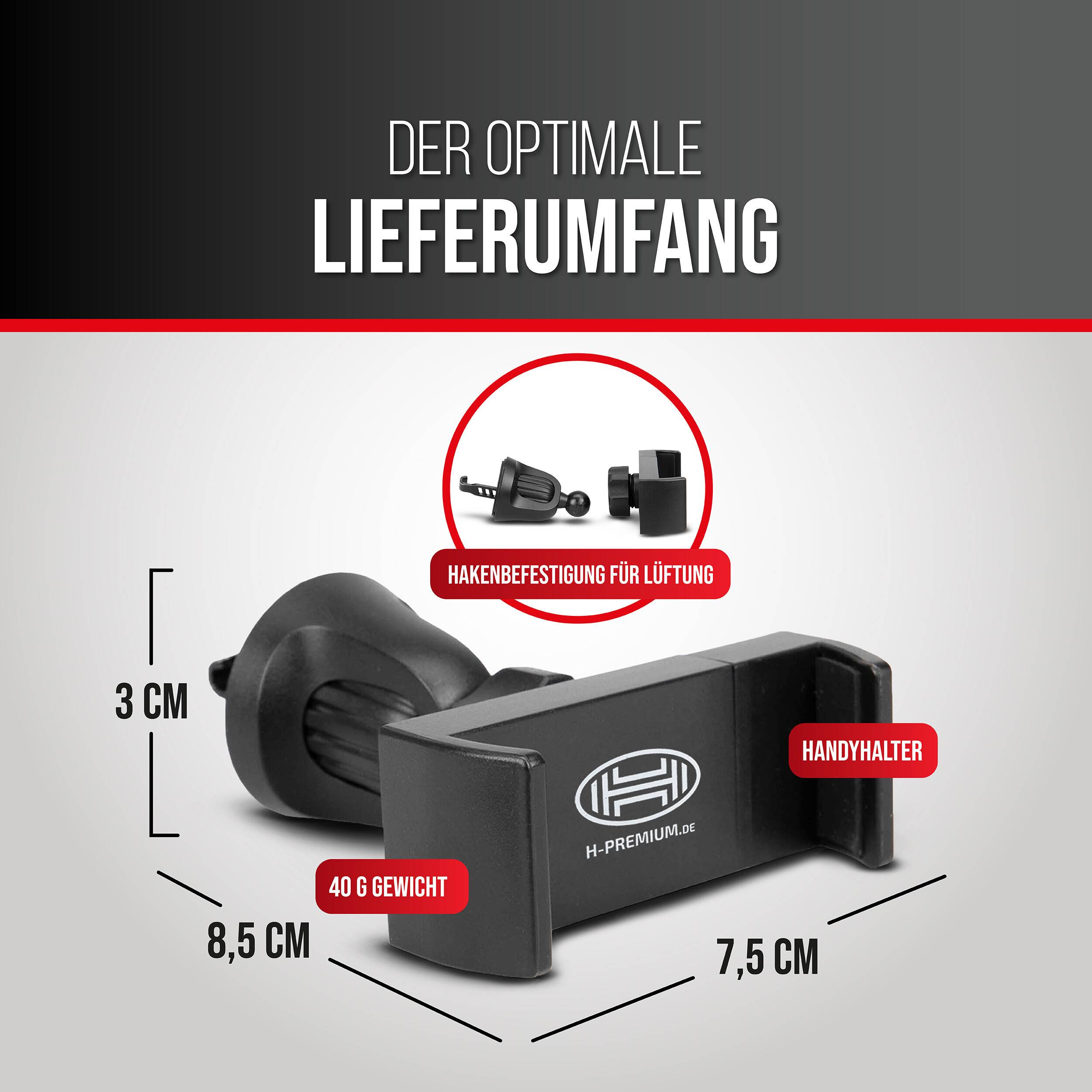 Infografik einer Autotelefonhalterung: Beinhaltet eine Lüftungsschlitz-Hakenbefestigung und zeigt die Abmessungen 3 cm, 8,5 cm, 7,5 cm und ein Gewicht von 40 g.