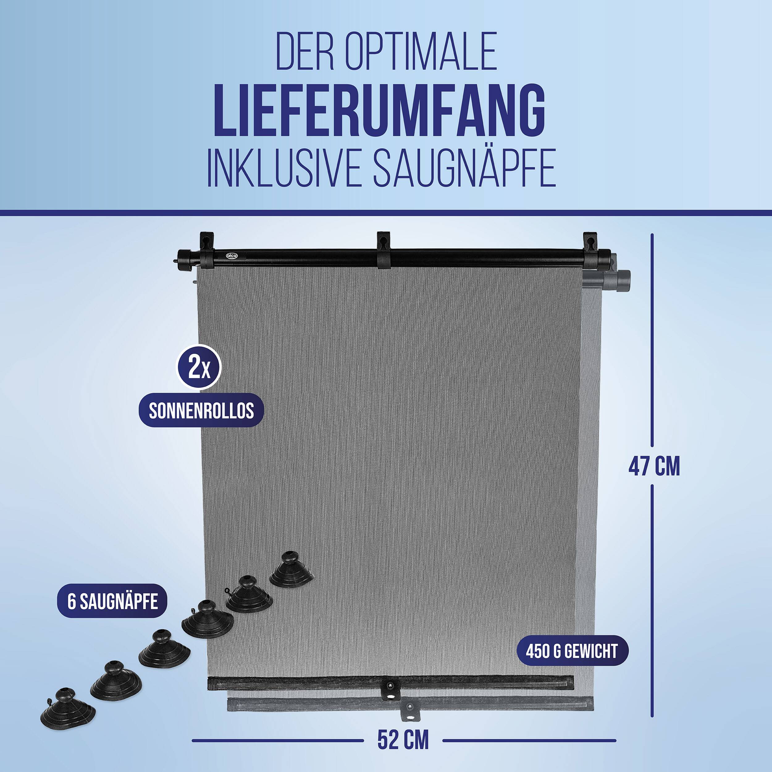 Produktdiagramm mit den enthaltenen Artikeln: 2 Sonnenschutzrollos mit je 6 Saugnapfen, 52 cm breit und 47 cm hoch, Gewicht 450 g.