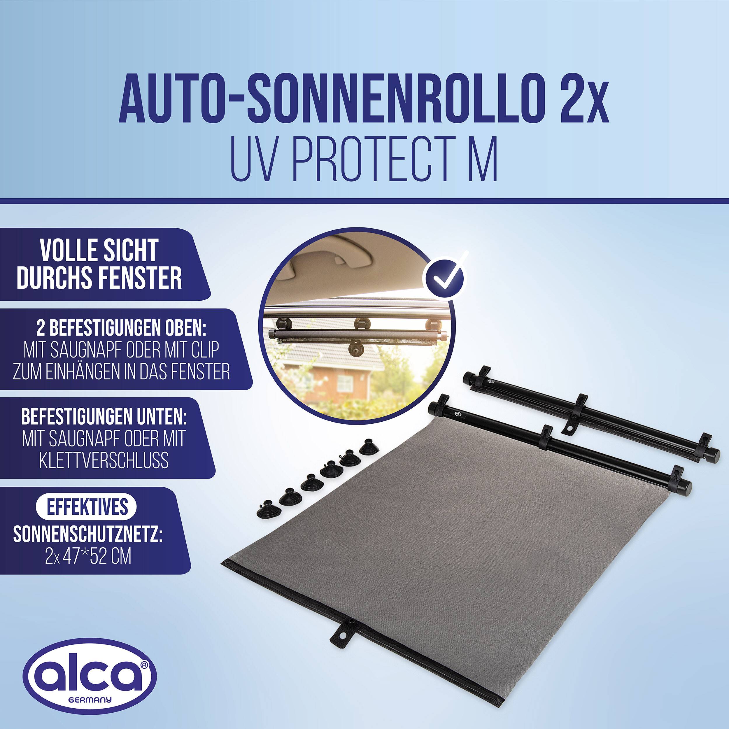 alca® Auto-Sonnenrollos 2 Stk. 52x55 cm, mit Einhand-Einrollfunktion Sonnenrollos mit UV-Schutz, inkl. Saugnäpfe,