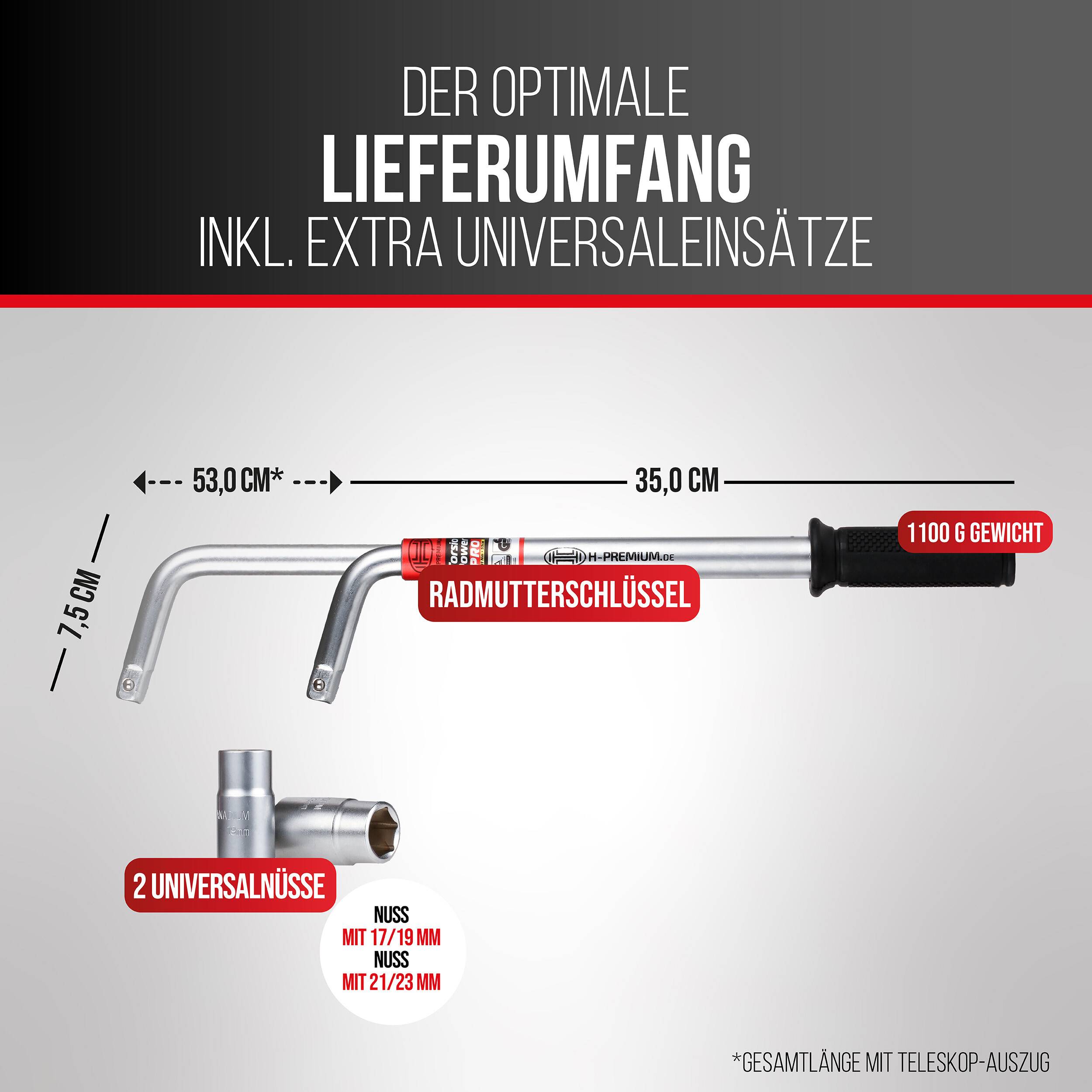 HEYNER® Radmutterschlüssel Auto 2 Universaleinsätze 17/19 mm 21/23 mm Teleskop Reifenschlüssel rutschfester