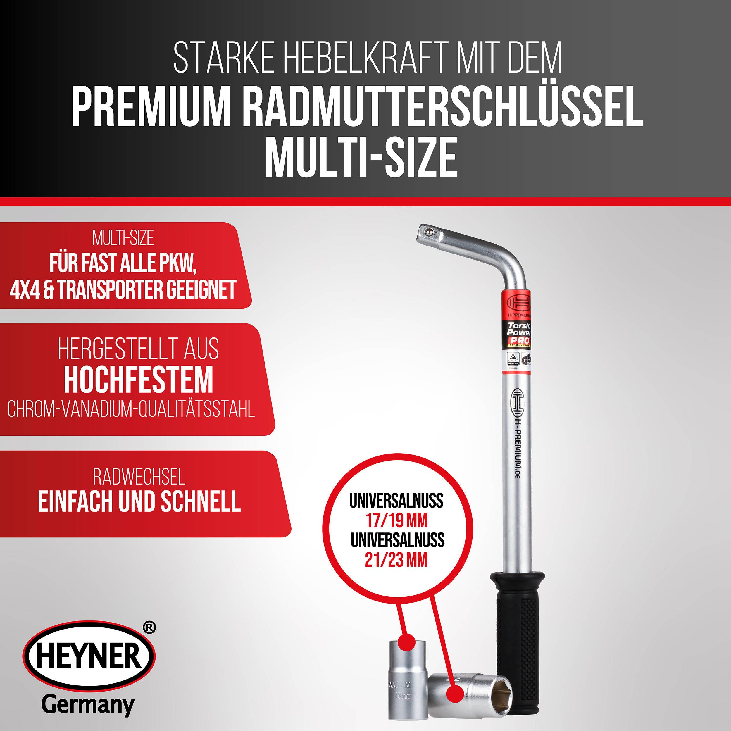 HEYNER® Radmutterschlüssel Auto 2 Universaleinsätze 17/19 mm 21/23 mm Teleskop Reifenschlüssel rutschfester