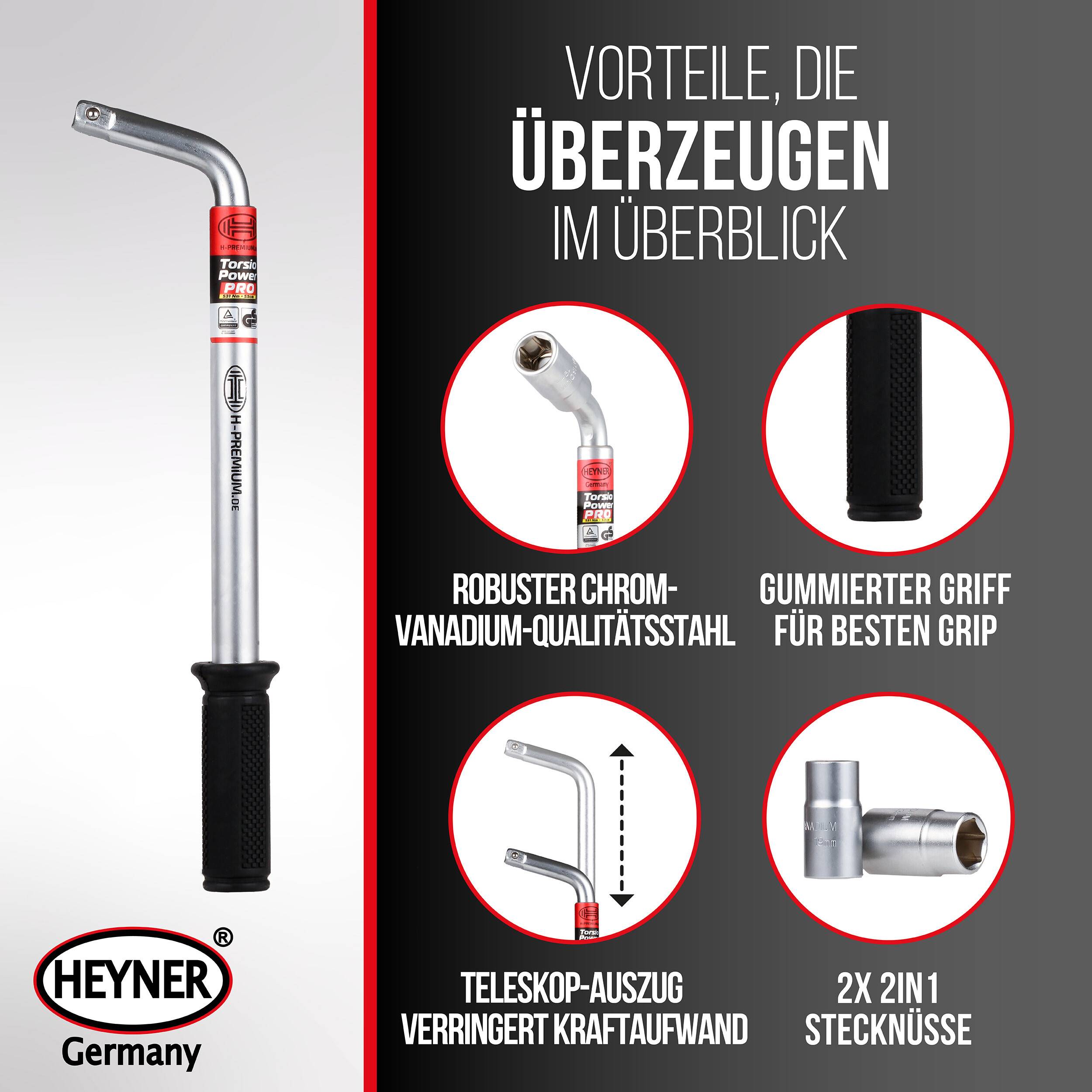 Werbegrafik eines Heyner Teleskop-Radschlüssels, die das Werkzeug und wichtigste Merkmale zeigt: Chrom-Vanadium-Stahl, Gummigriff, verstellbare Länge und 2-in-1-Steckschlüssel.