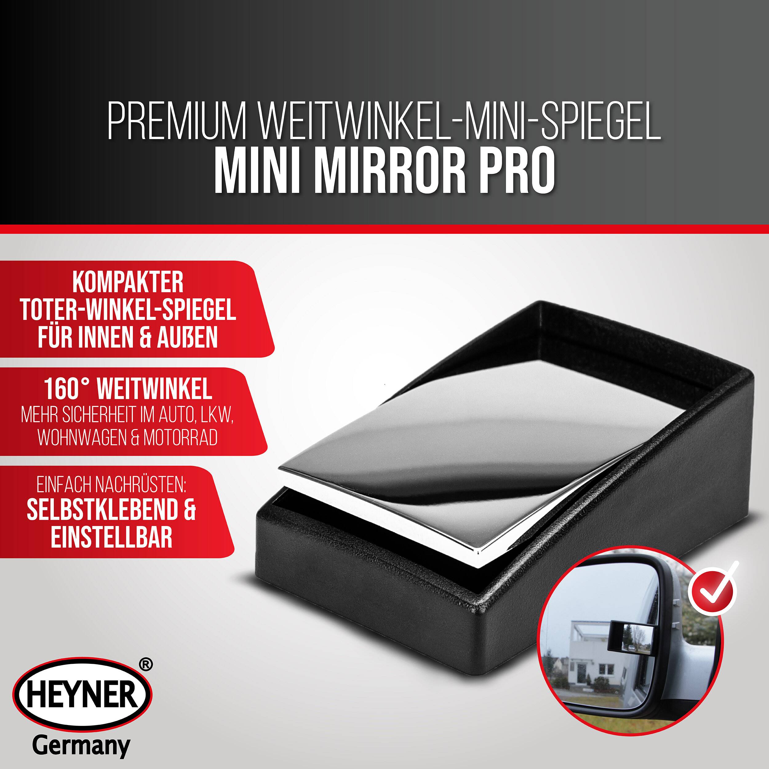 HEYNER® Weitwinkel-Mini-Spiegel Auto Toter, Spiegel Rückspiegel, Lkw SUV Winkel, eckig verstellbar konvex, Transporter