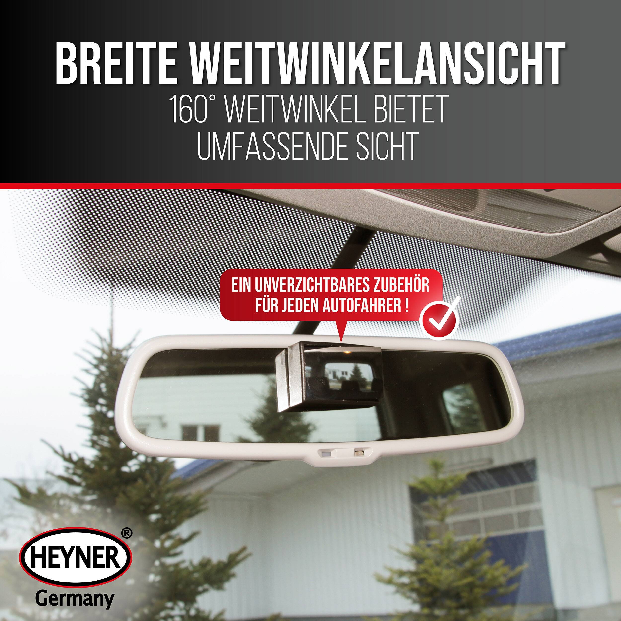 Fahrzeugrückspiegel mit Weitwinkel-Linseneinsatz; deutsche Anzeige behauptet „160° Weitwinkel bietet umfassende Sicht