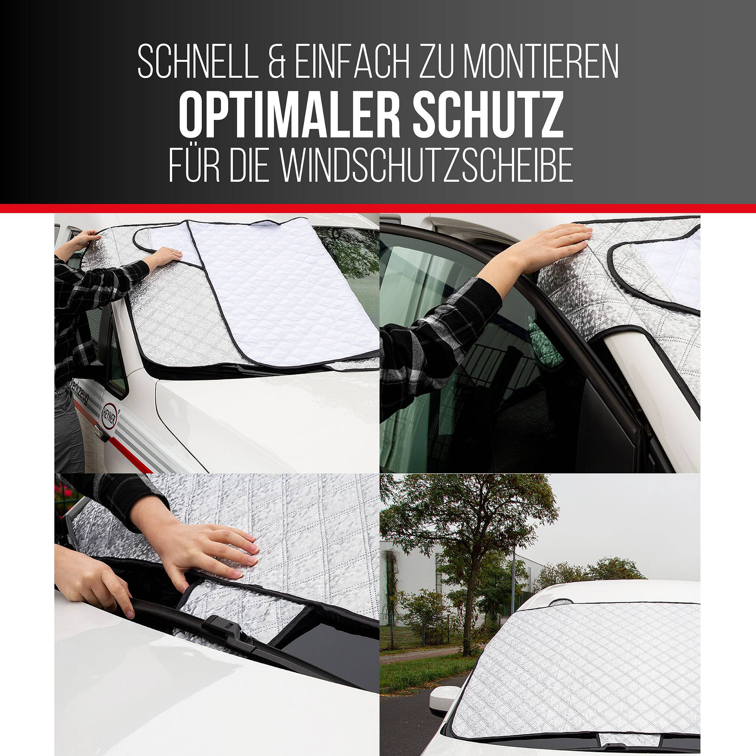 Collage mit einem gesteppten Windschutzschirm, der an einer Autowindschutzscheibe angebracht wird, mit deutschem Text, der schnelle, einfache Montage und optimalen Schutz bewirbt.