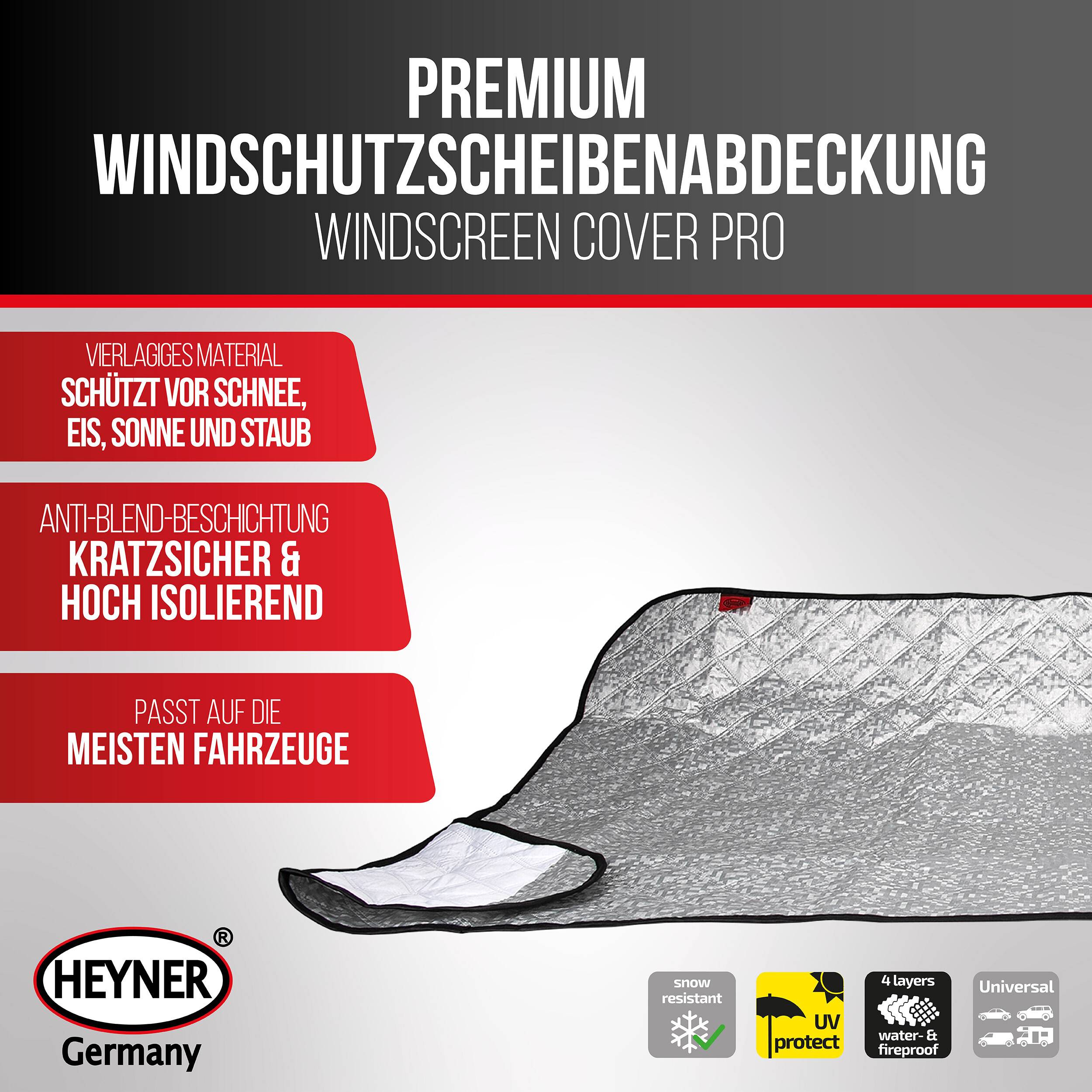 Premium Windscreen Cover Pro von Heyner – Reflektive Windschutzabdeckung, die vor Schnee, Eis, Sonne und Staub schützt und zu den meisten Fahrzeugen passt.