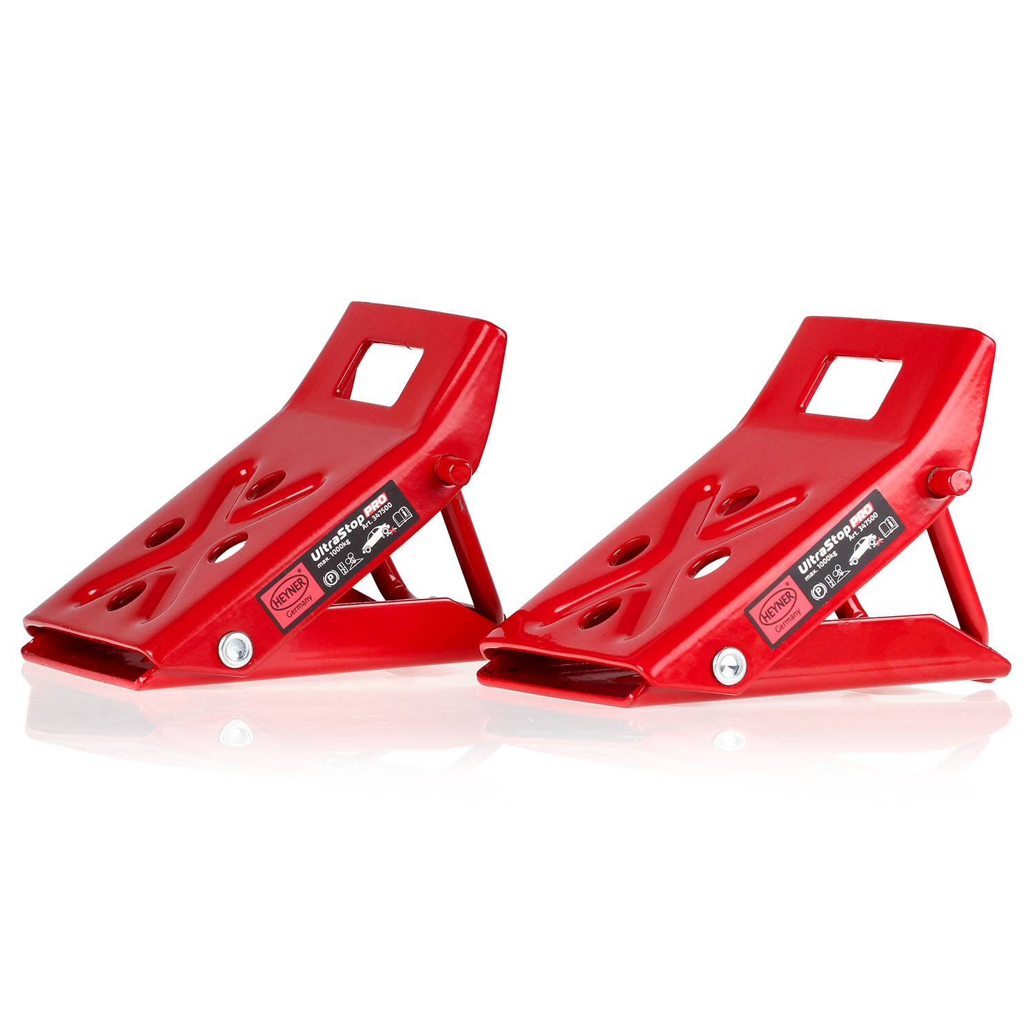 HEYNER® Unterlegkeile 1000 kg, klappbare Auffahrkeile aus Stahl, 2er Set 2 Stk. in Rot, einfache Sicherung von