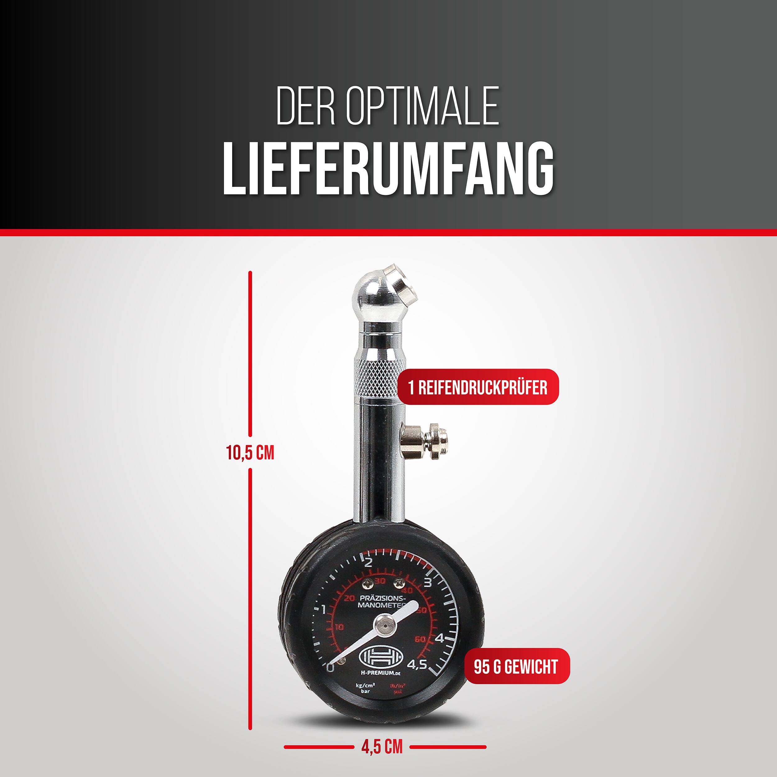 HEYNER® Reifendruckprüfer Luftdruckprüfer Manometer Kontrollsystem für Reifen bis 4,5 bar Druckprüfer für Auto Fahrrad